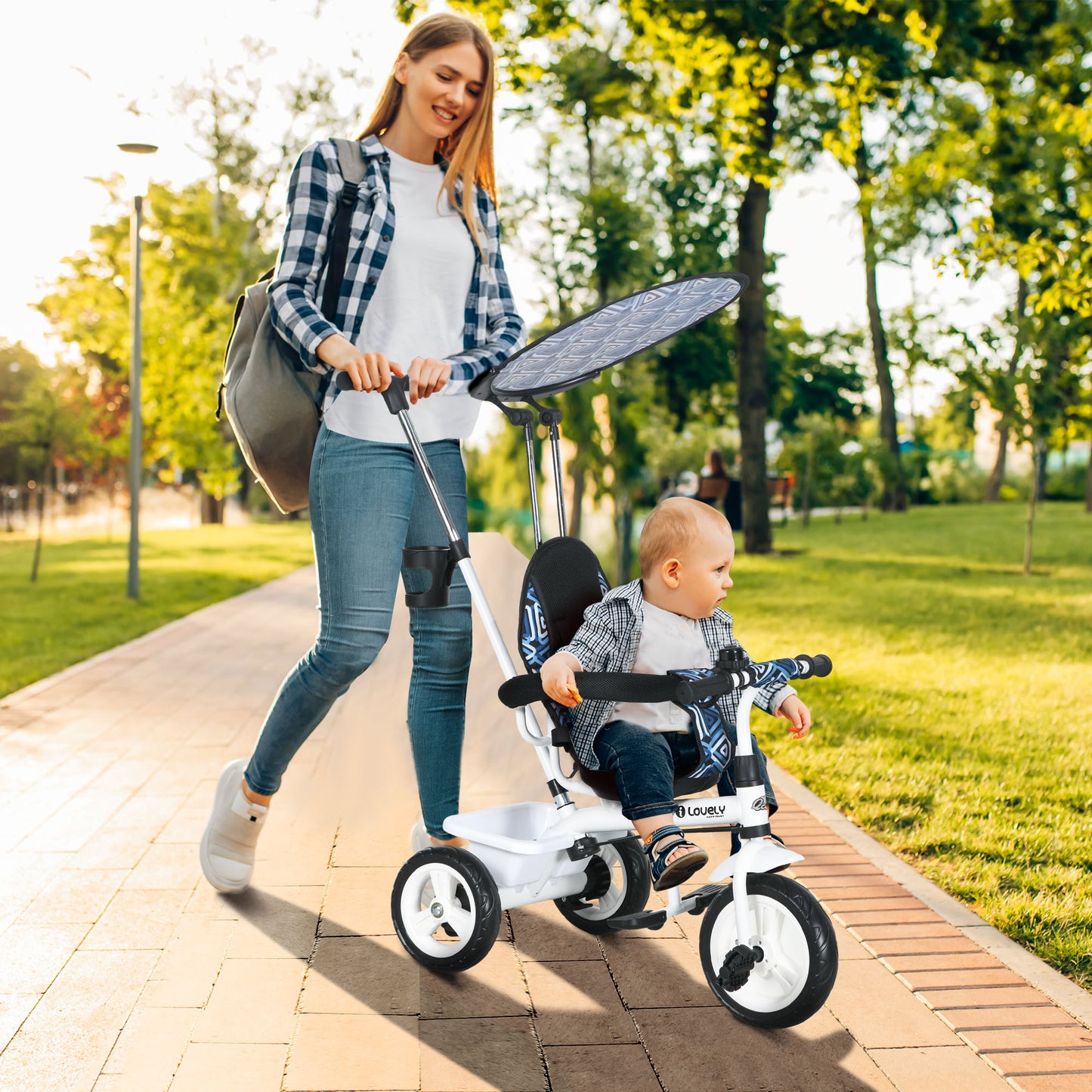 Qaba 6 in 1 Kids Tricycle with Removable Handlebar and Canopy, Navy Blue