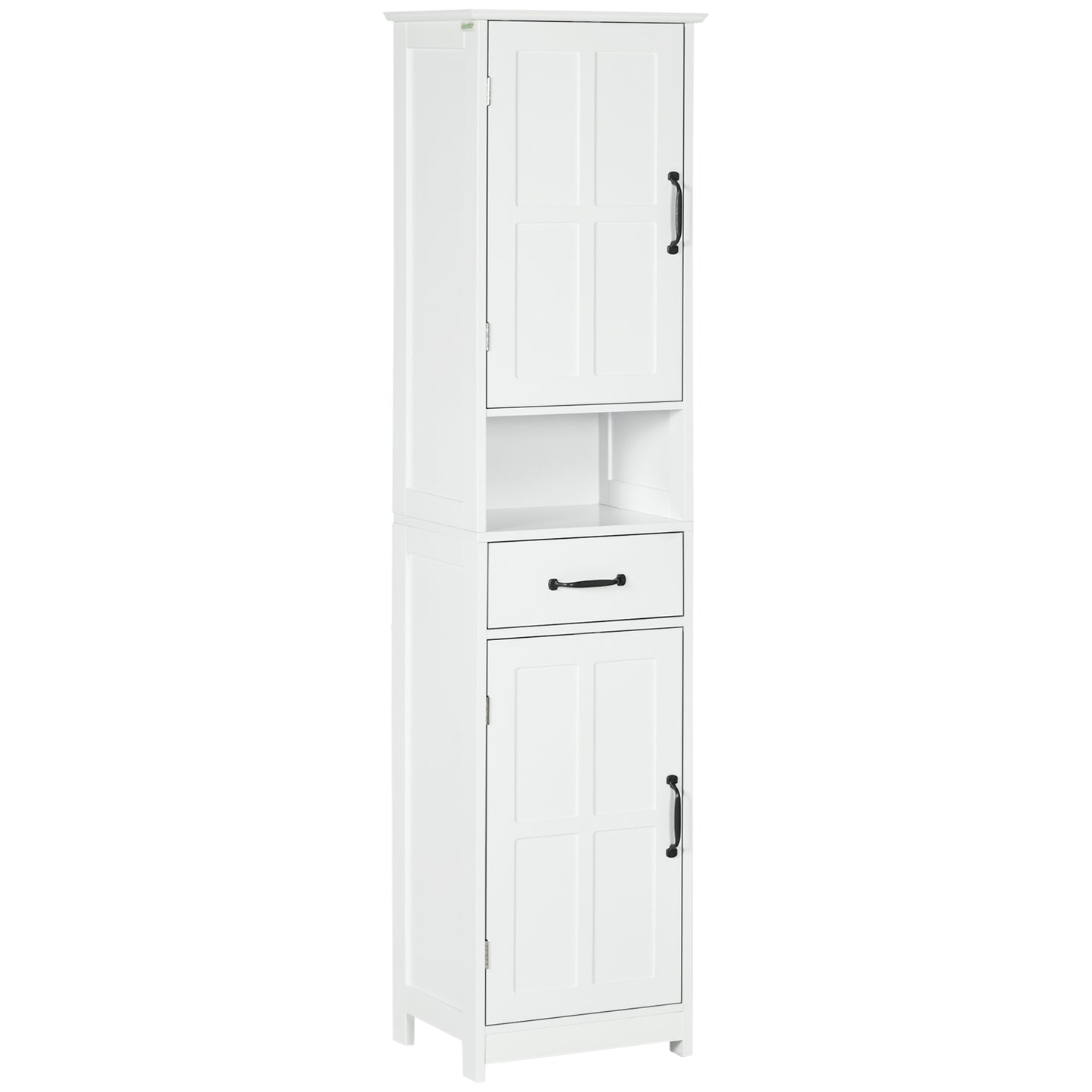 kleankin Modern Bathroom Cabinet, Narrow Bathroom Vanities with Open Shelf Drawer Recessed Doors and Adjustable Shelves White