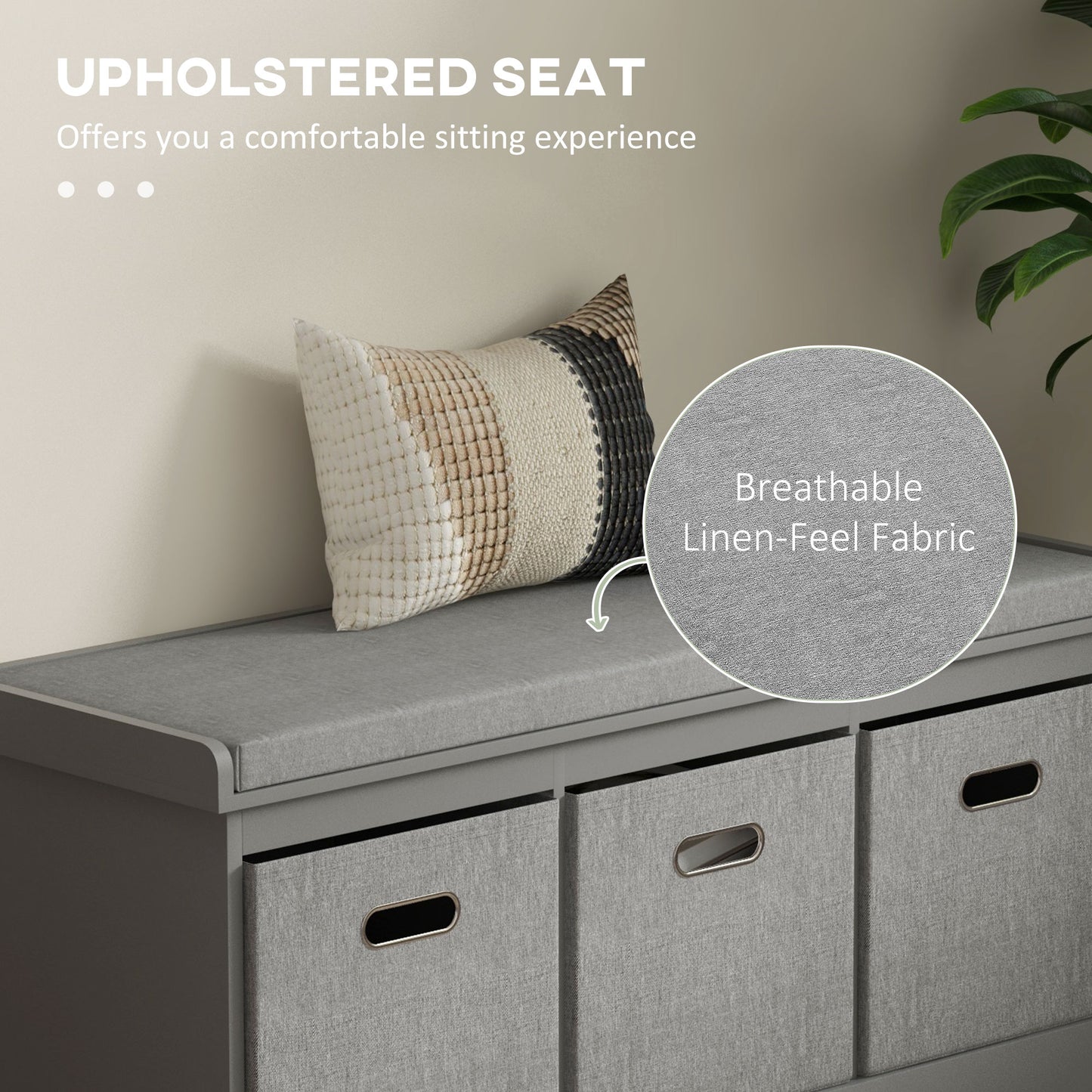 HOMCOM Shoe Storage Bench with Seat, Entryway Bench Seat with Cushion, 3 Fabric Drawers for Hallway, Grey