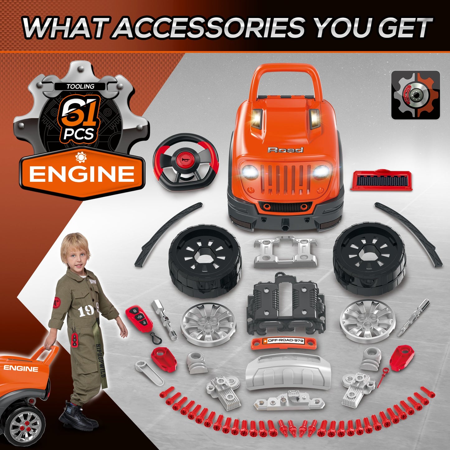 Qaba Kids Truck Engine Toys for Boys Girls 3 4 5 Years Old, Toddlers Construction Educational Repair Car Tool Set with Light and Sound, Orange