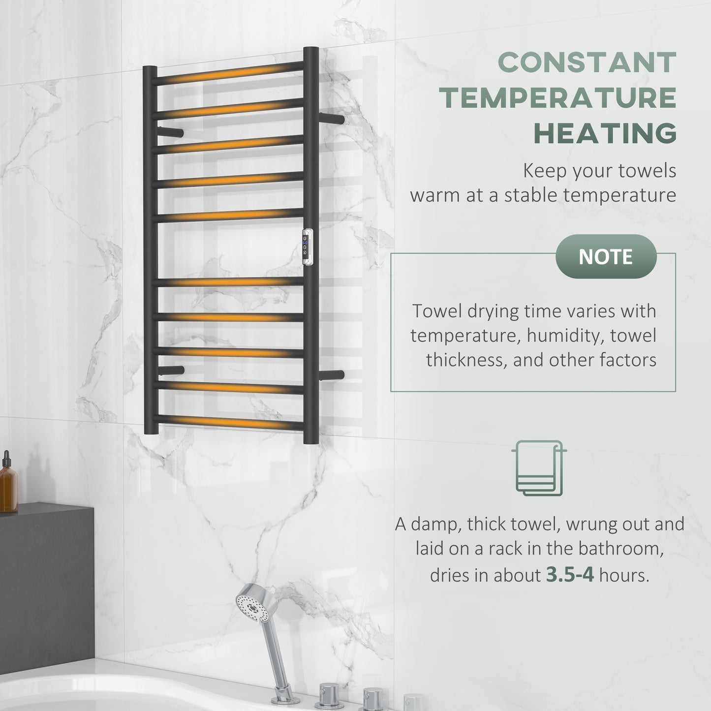 HOMCOM Wall Mounted Heated Towel Rack 10-Bar Electric Towel Warmer with Timer Adjustable Temperature Plug-in