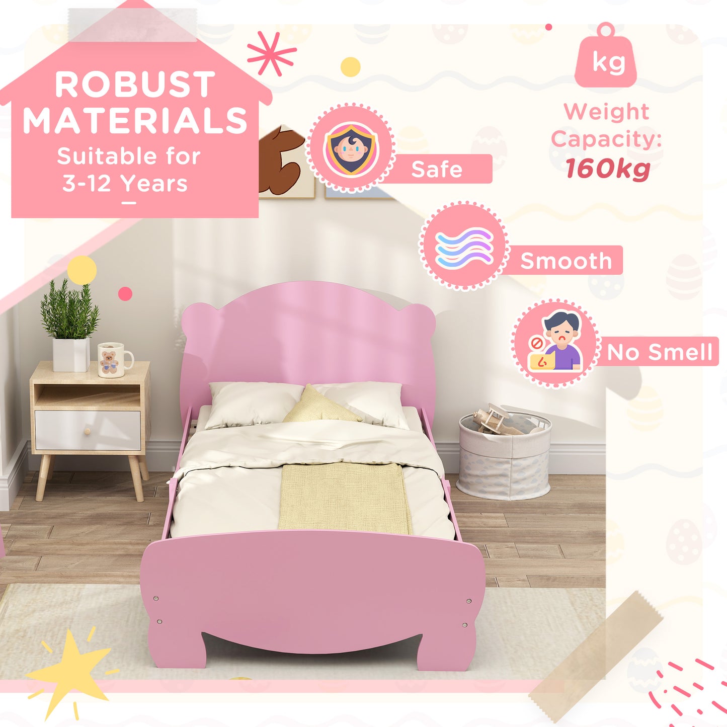 Qaba Twin Bed Frame for Kids with Bear Shaped Headboard & Footboard, Slats Support, No Box Spring Needed, for Ages 3-12, Pink