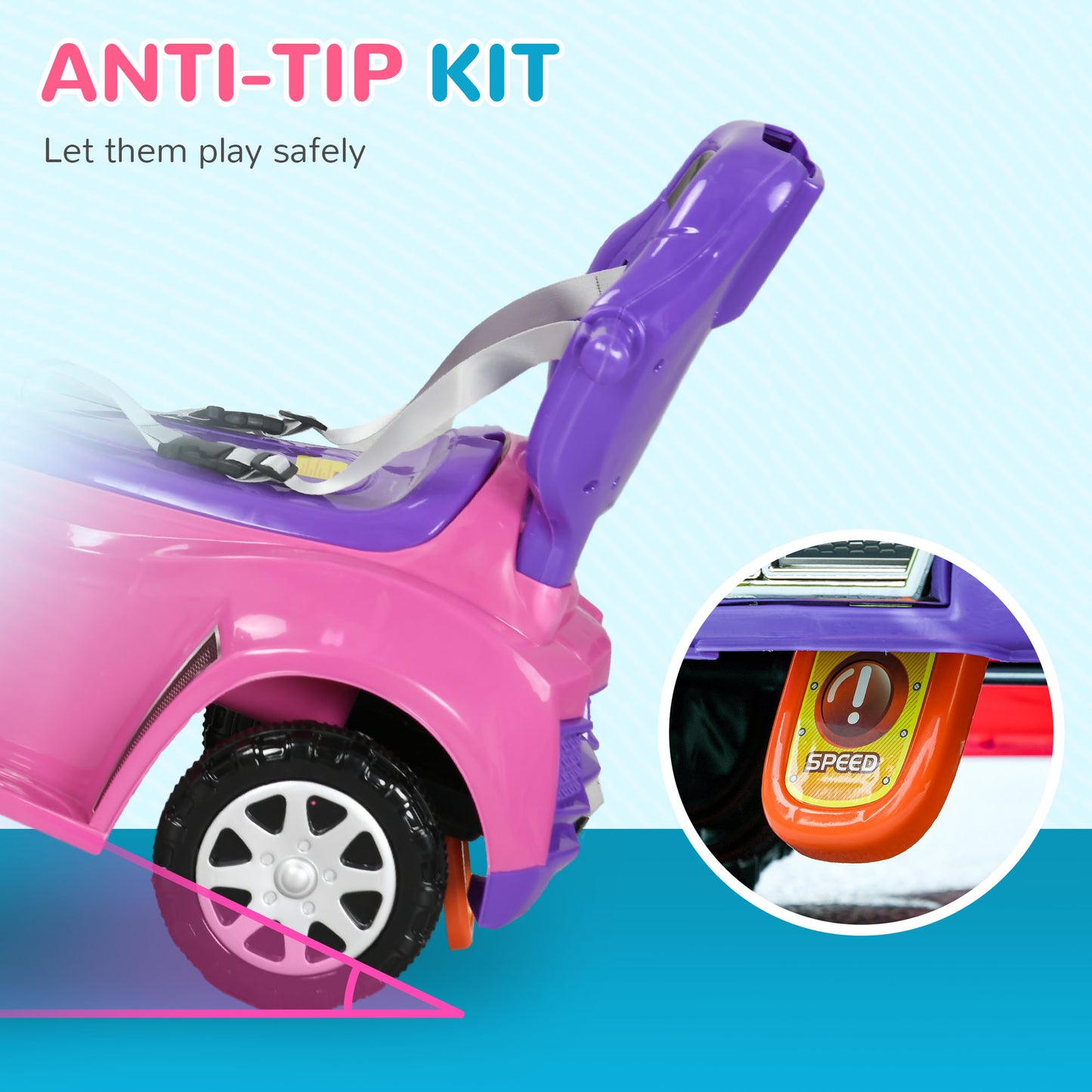 Qaba 3 in 1 Kids Push Car Toddler Sliding Car, Foot to Floor Design with Music, Light, Handle, Removable Canopy, Pink