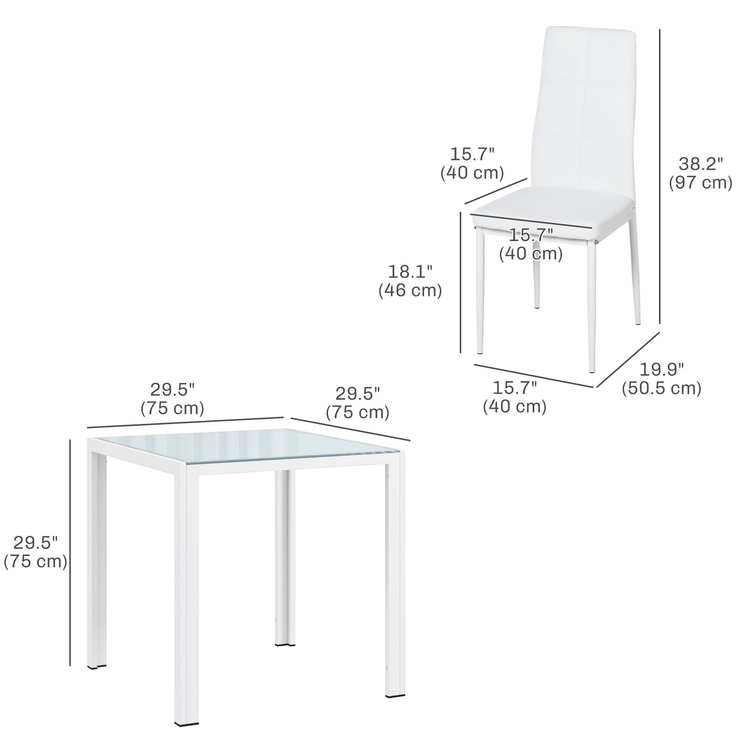 HOMCOM 5-Piece Rectangular Glass Kitchen Table and Chairs with Metal Frame and Faux Leather Upholstery for Dining Room, White