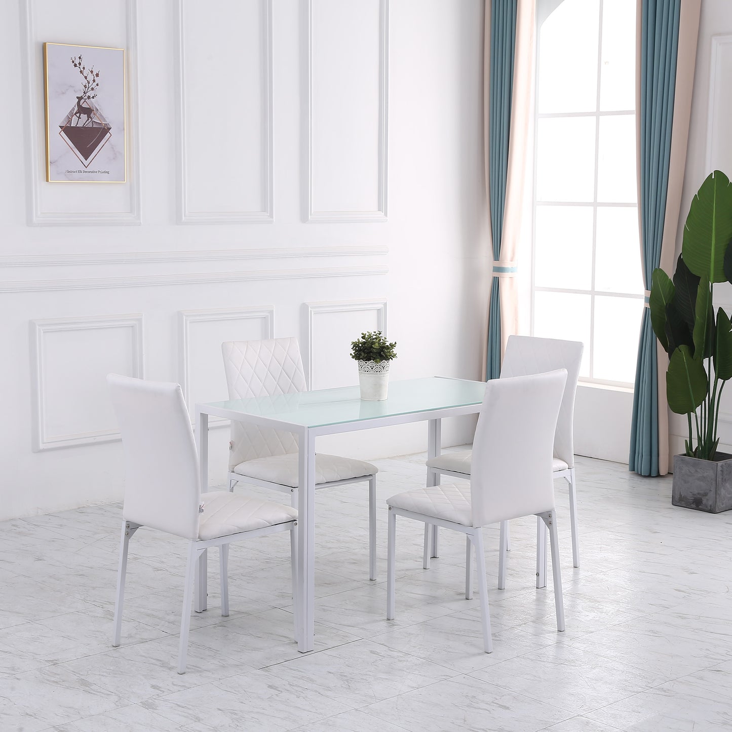 HOMCOM Modern Dining Chairs Set of 4, Upholstered Faux Leather Kitchen Chairs with Rhombic Tufting and Metal Legs for Living Room, White