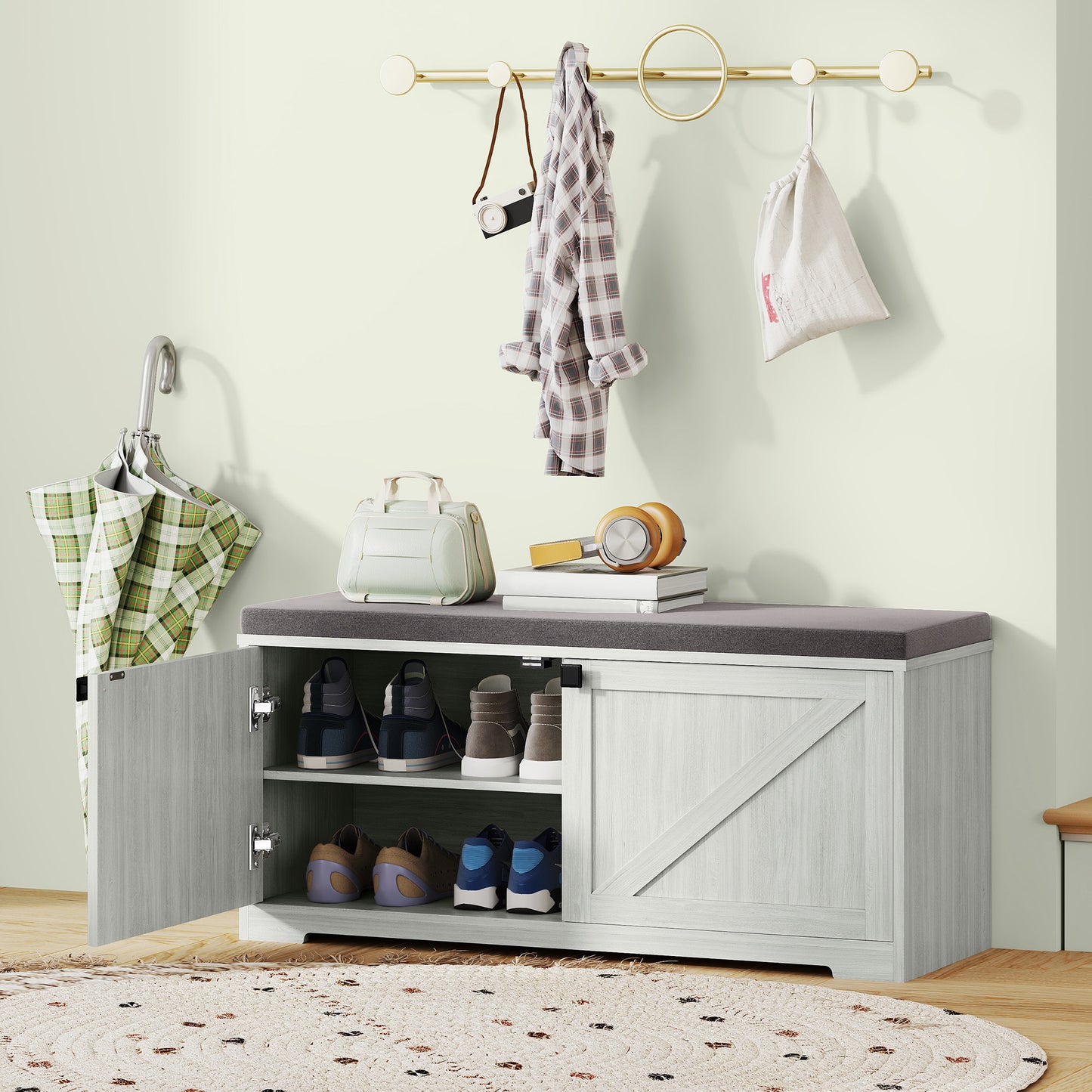HOMCOM Shoe Storage Bench with Padded Seat, Entryway Bench Holds up to 352 lb, Shoe Organizer, 8 Pairs, Light Grey
