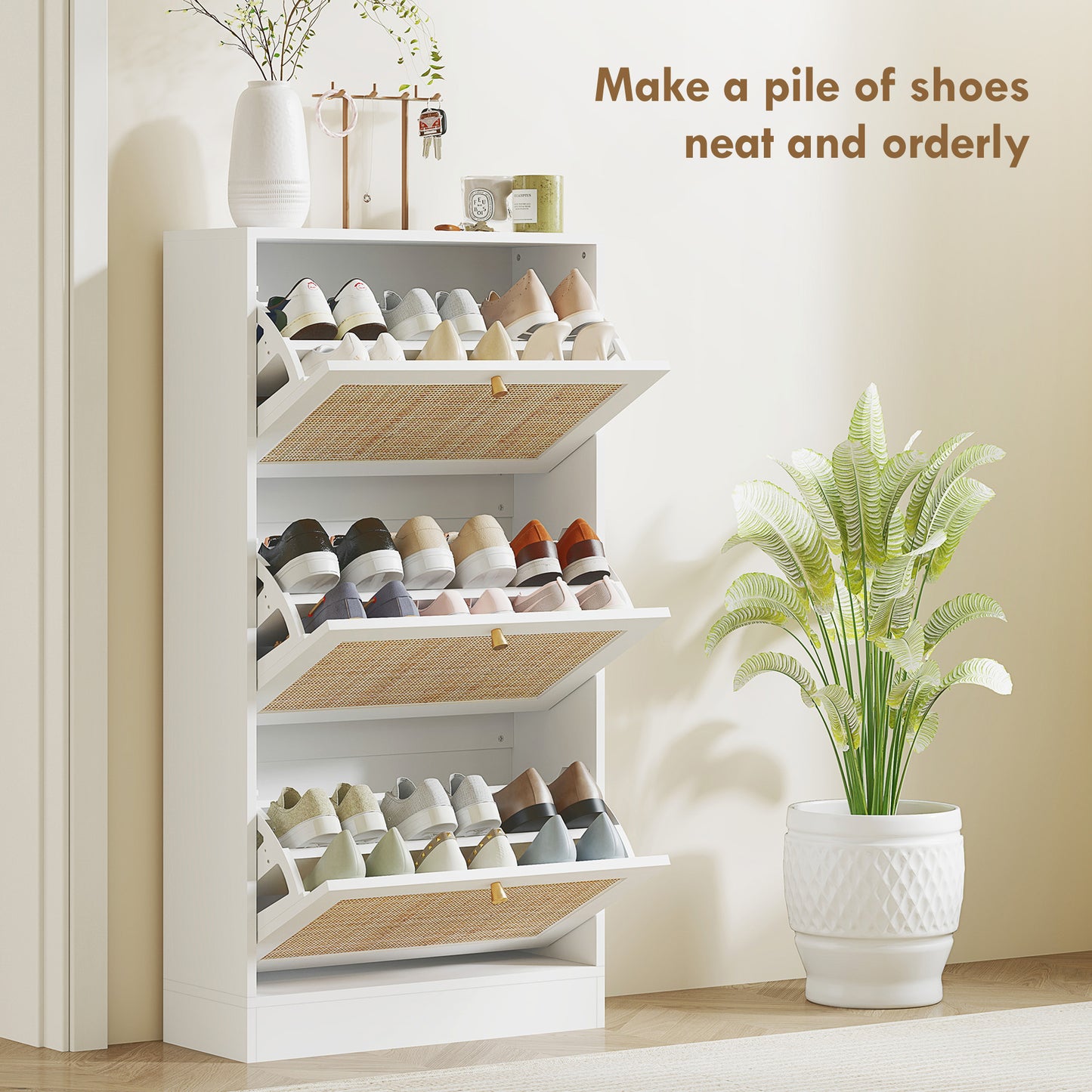 HOMCOM Rattan Shoe Storage Cabinet with 3 Flip Drawers and Adjustable Shelves, Entryway Shoe Cabinet for 18 Pairs, Black