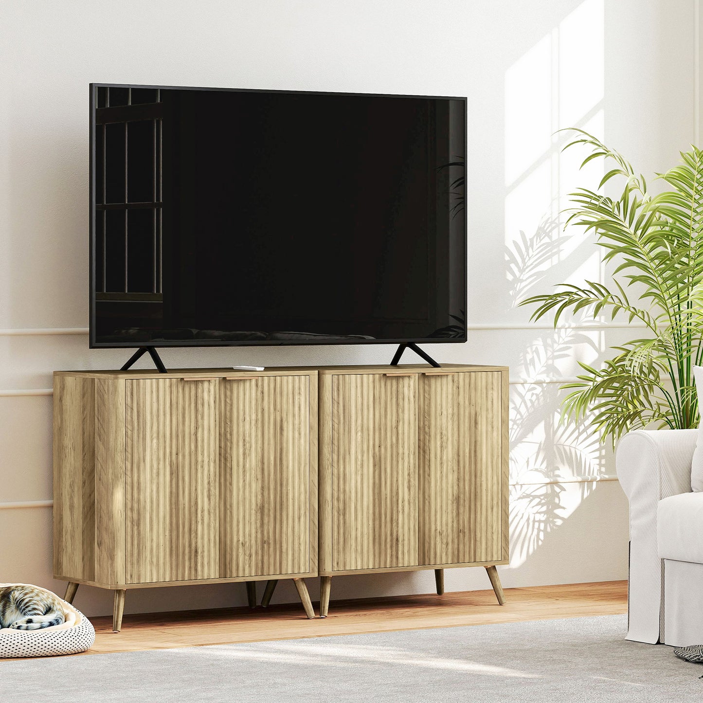 HOMCOM 55" Buffet Cabinet, Modern Sideboard with 2 Fluted Doors and Adjustable Shelf for Kitchen, Living Room, White