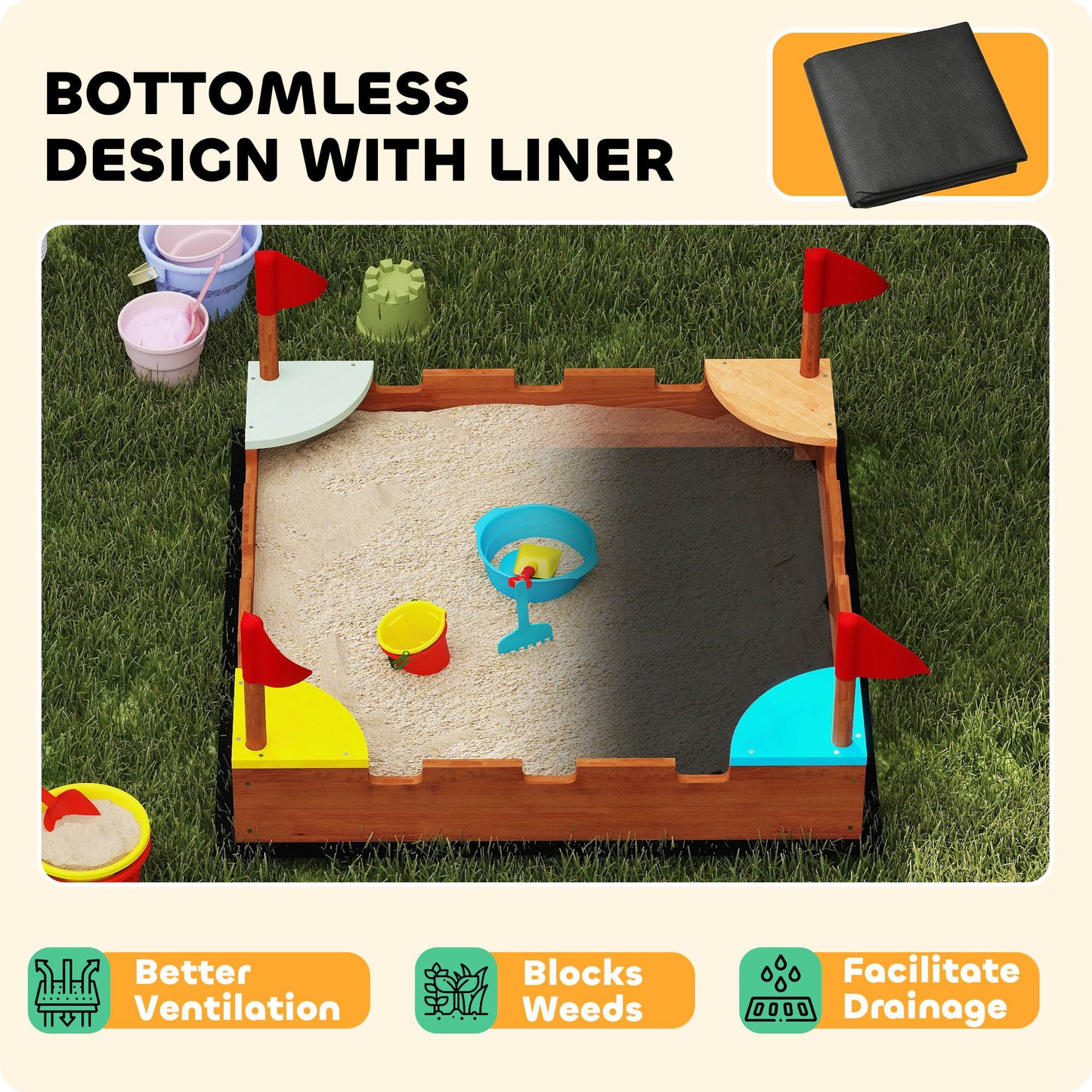 Qaba Wooden Kids Sandbox with Cover, 4 Seats, Rudder, Deck, Bottom Liner, 52" x 40" x 55.5", for Ages 3-8, Yellow