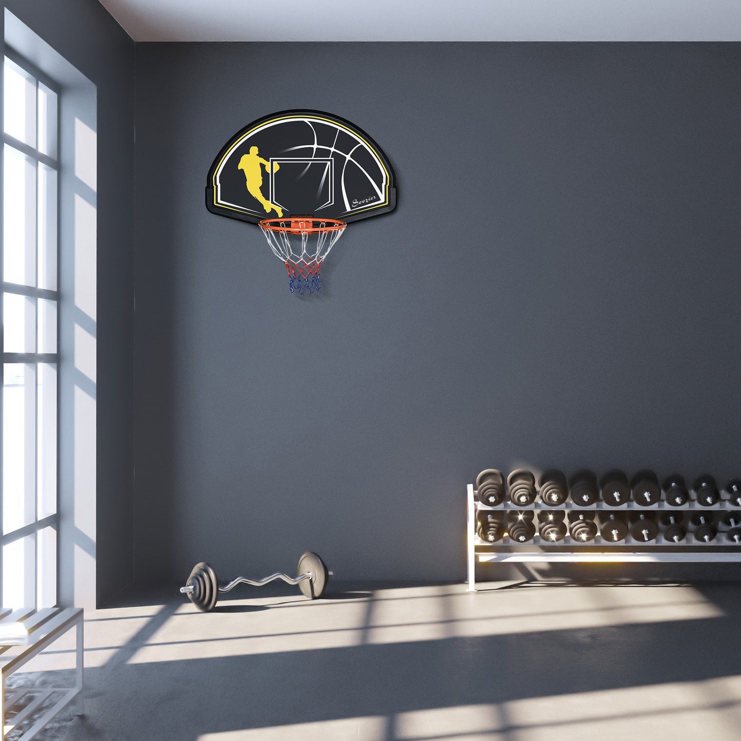 Soozier Wall Mounted Basketball Hoop with 43'' x 30'' Shatter Proof Backboard, for Indoor and Outdoor, Black