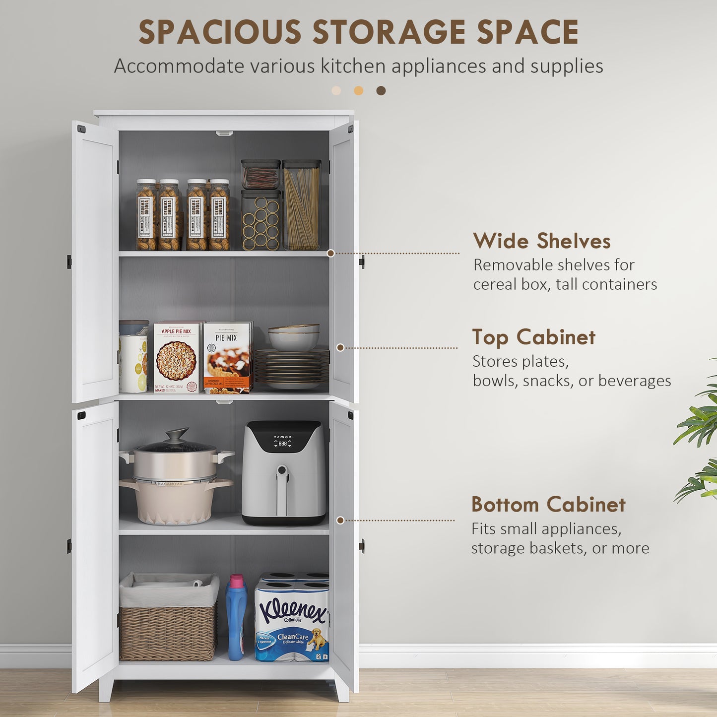 HOMCOM 72" Freestanding Storage Cabinet, Kitchen Pantry Cabinet with Doors and Shelves for Dining Room, White