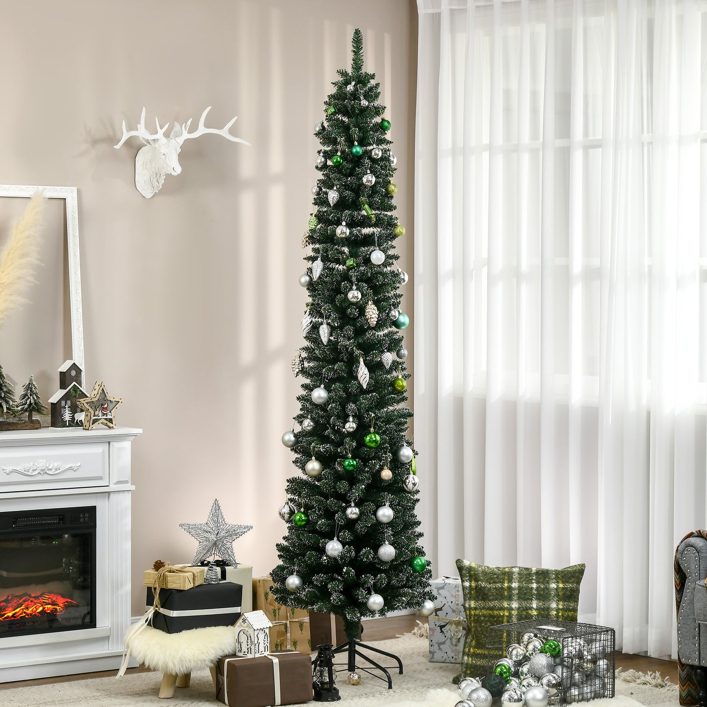 HOMCOM 6FT Artificial Snow Dipped Christmas Tree Xmas Pencil Tree Holiday Home Indoor Decoration with Foldable Black Stand, Green