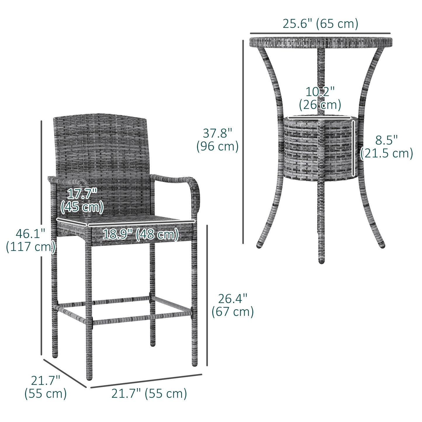 Outsunny 3 Pieces Patio Bar Set, Rattan Bistro Table and Chairs, Outdoor Conversation Furniture Set with Ice Bucket, Dark Brown
