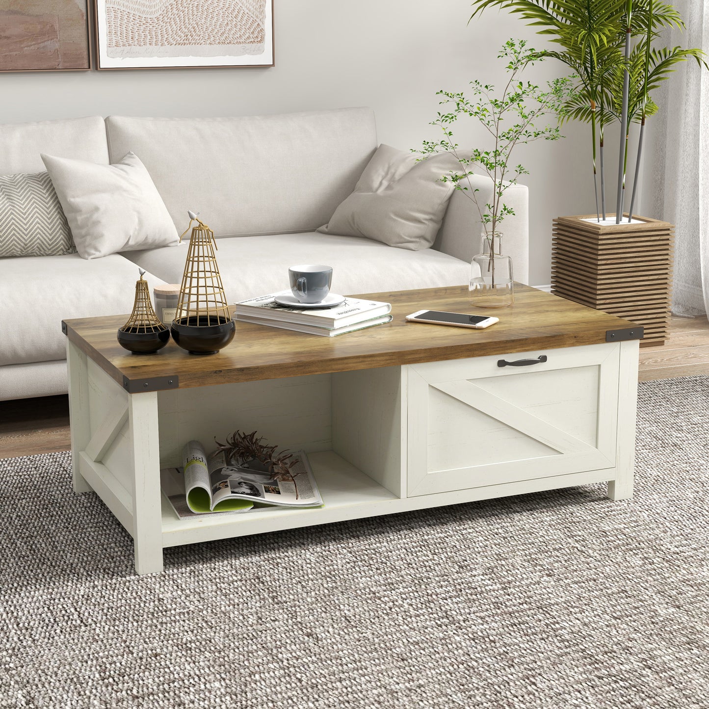 HOMCOM Industrial Coffee Table Side End Table with Drawer, Open Storage Shelf, Modern Farmhouse Furniture, for Living Room, Dining Room, Office, White Oak