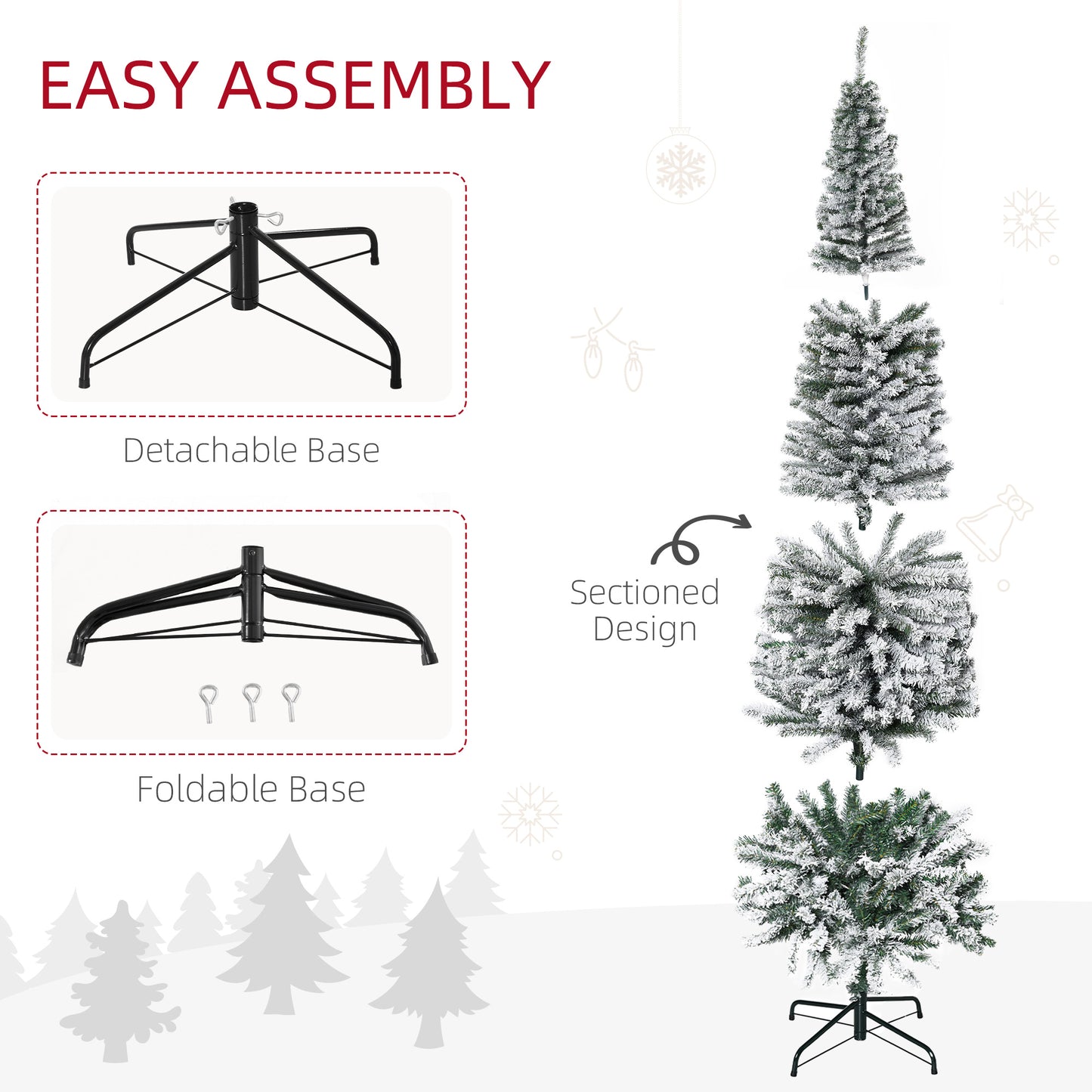 HOMCOM 7.5ft Flocked Christmas Tree, Pencil Christmas Tree with Realistic Branch Tips, Folding Metal Stand, Green