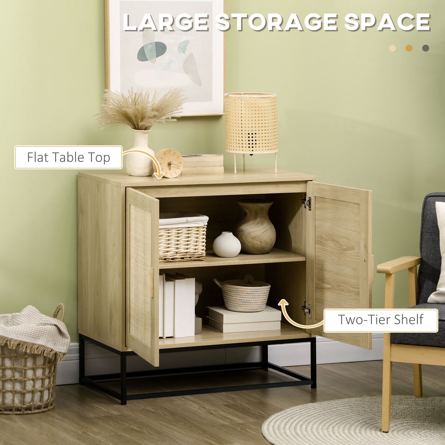 HOMCOM Wood Sideboard Accent Storage Cabinet with 2 Rattan Doors, Adjustable Shelf, and Steel Legs for Living Room Kitchen