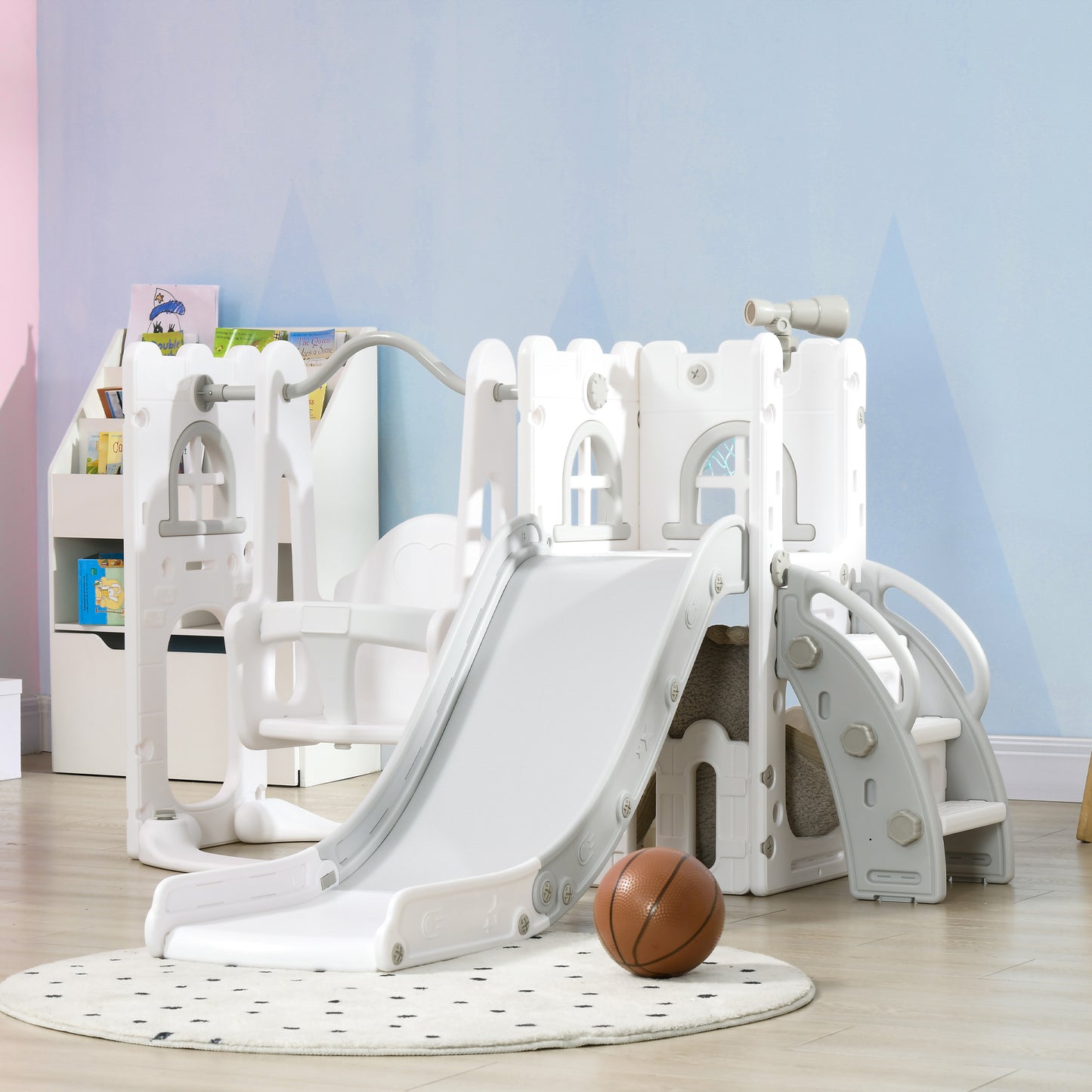 Qaba 4 in 1 Toddler Slide with Basketball Hoop, Climber, Telescope, Storage Basket, for 1-3 Years Kids Indoor Use, Yellow