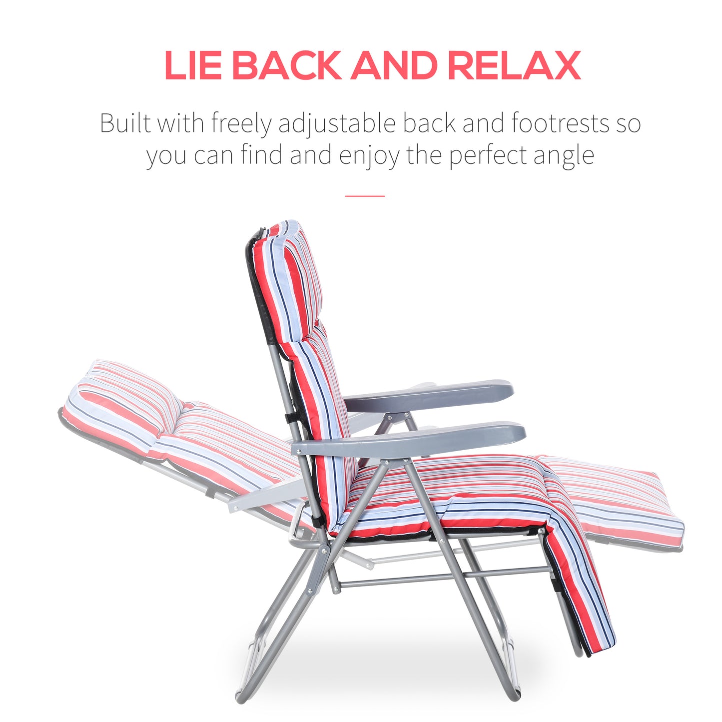 Outsunny Set of 2 Garden Sun Lounger, Outdoor Reclining Seat Cushioned Seat, Foldable Adjustable Recliner, Grey and Blue