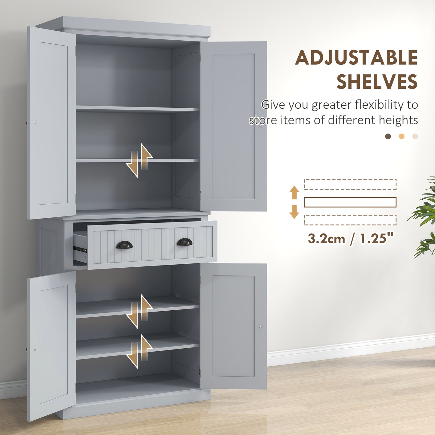 HOMCOM 72" Kitchen Pantry, Freestanding Storage Cabinet with Drawer, Doors, Grey