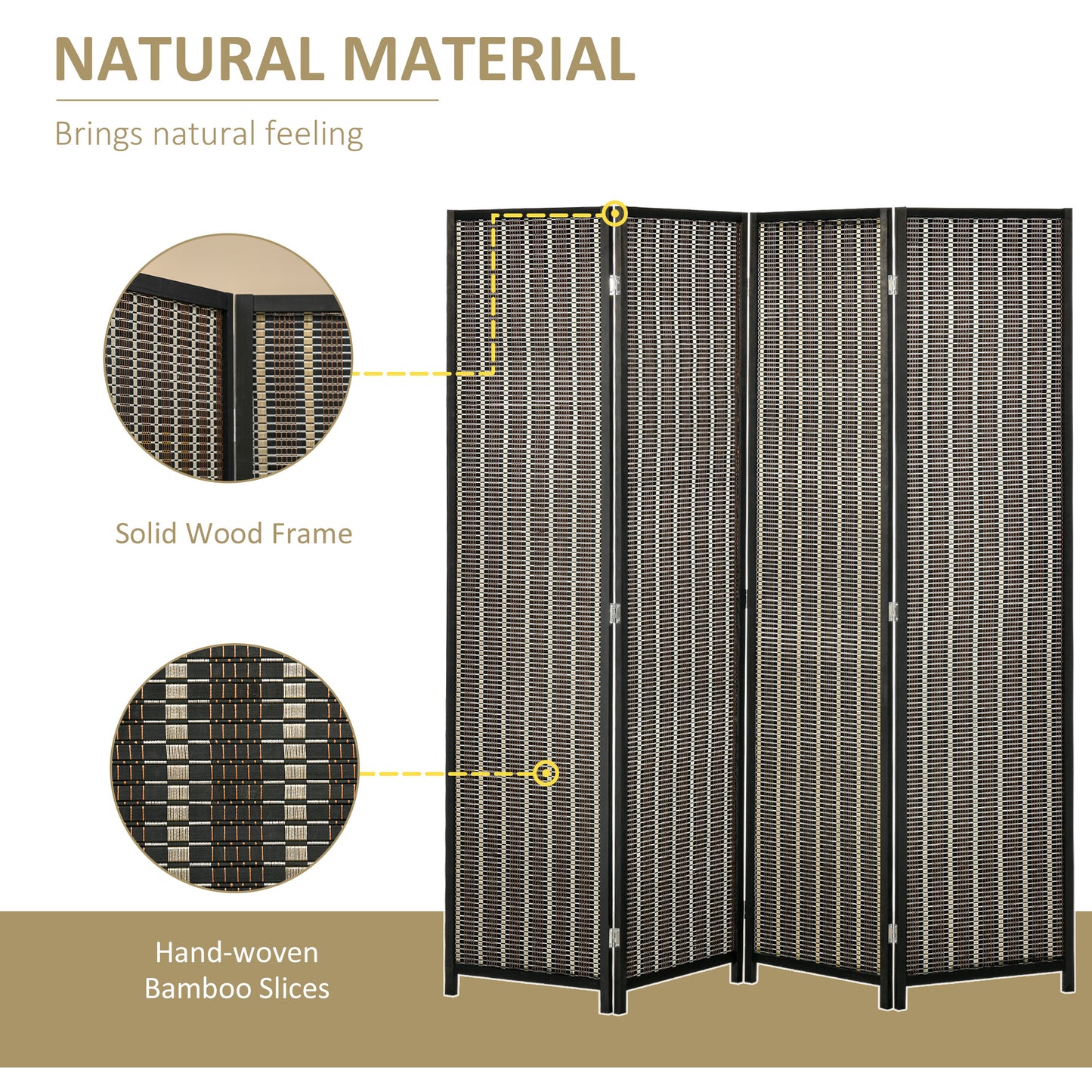 HOMCOM 4 Panel Room Divider, 6 Ft Tall Indoor Portable Folding Privacy Screens, Bamboo Hand-Woven Freestanding Partition Wall Divider for Home Office, Brown