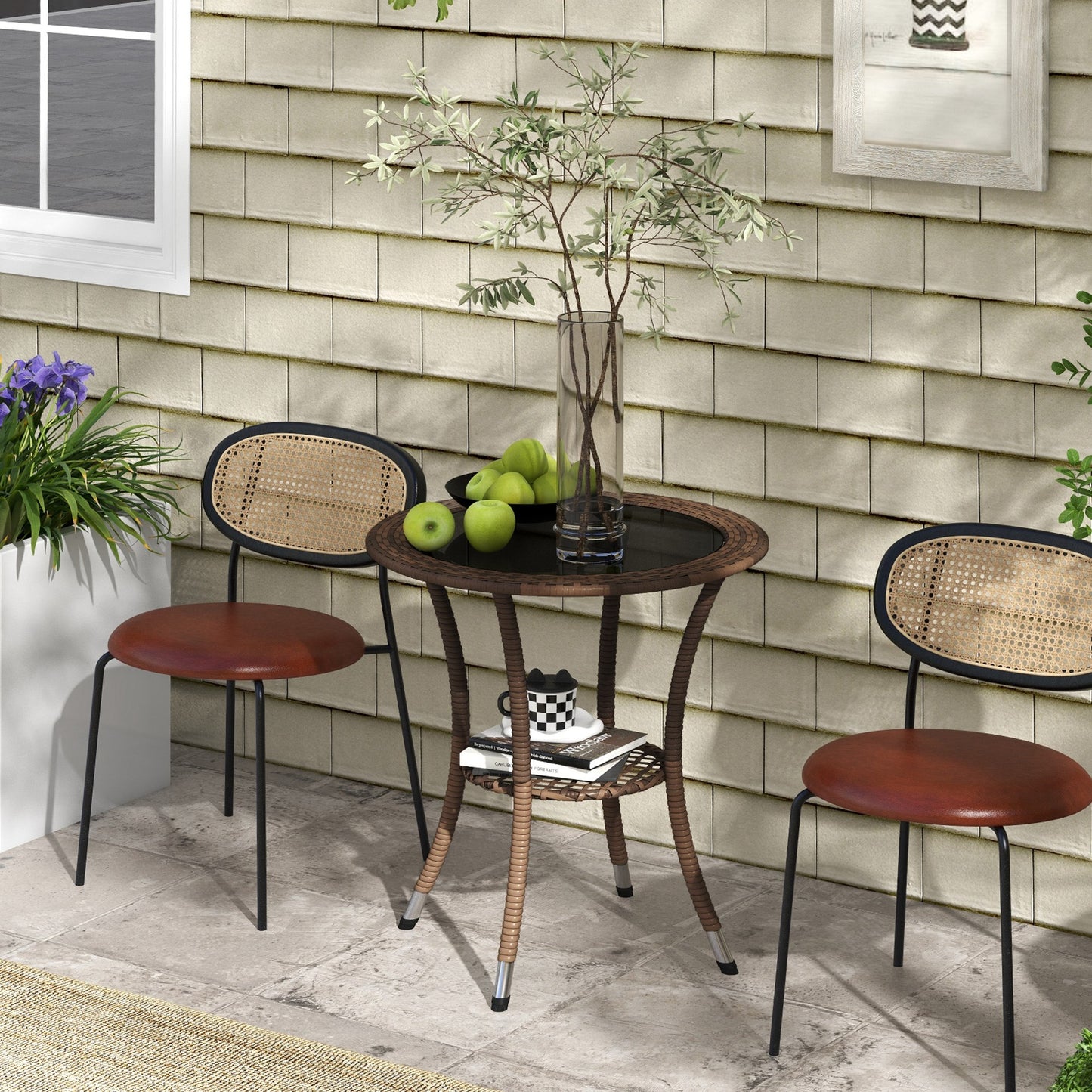 Outsunny Outdoor Rattan Dining Table, Patio Wicker Round Coffee Table with 2-Tier Storage Shelf, Brown