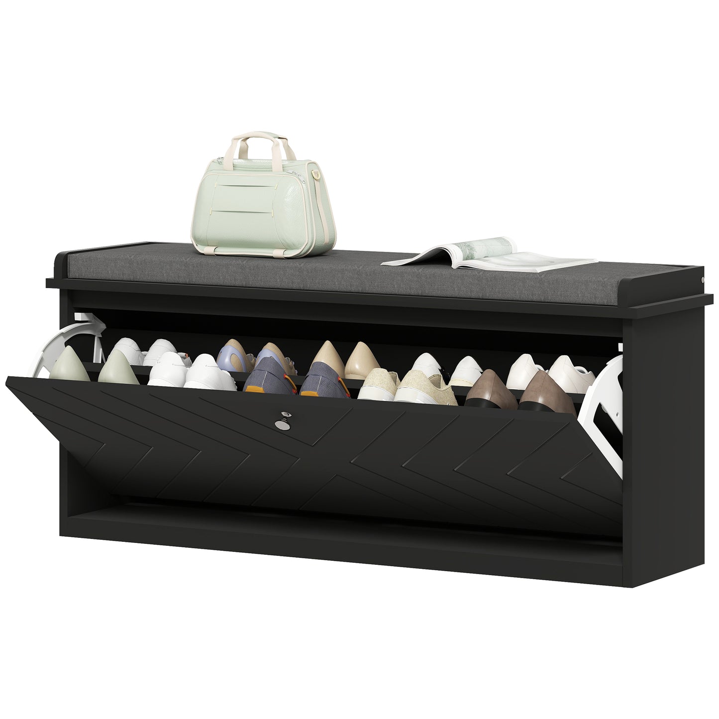 HOMCOM Shoe Storage with Seat, Upholstered Hallway Bench, Shoe Bench with Flip Drawer, Adjustable Shelf for 8 Pairs of Shoes