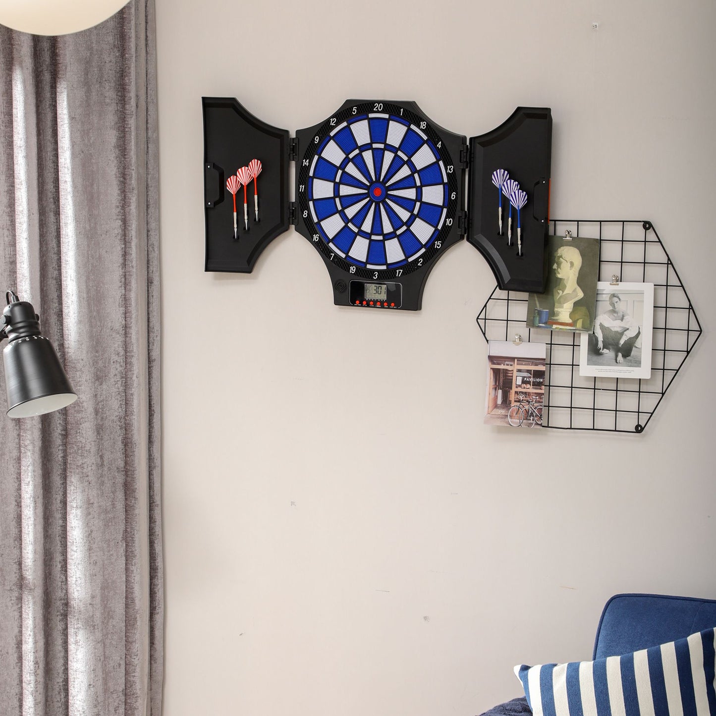 Soozier Electronic Dartboard Set with 31 Games and 285 Programs for 8 Players, Soft Tip Dart Board Set with Cabinet, 6 Darts and 6 Spare Tips, LCD Display
