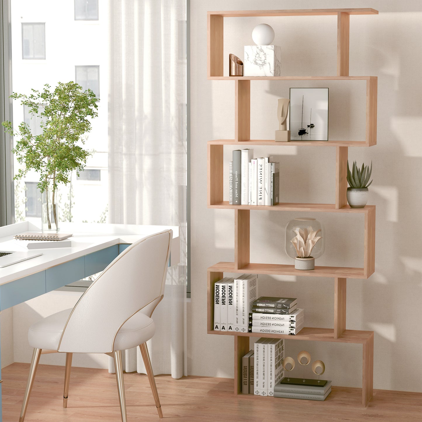 HOMCOM 76" 6-Tier Geometric Wooden Bookcase S Shaped Storage Display Bookshelf Modern shelf Open Concept Living Room Home Office Furniture, Maple