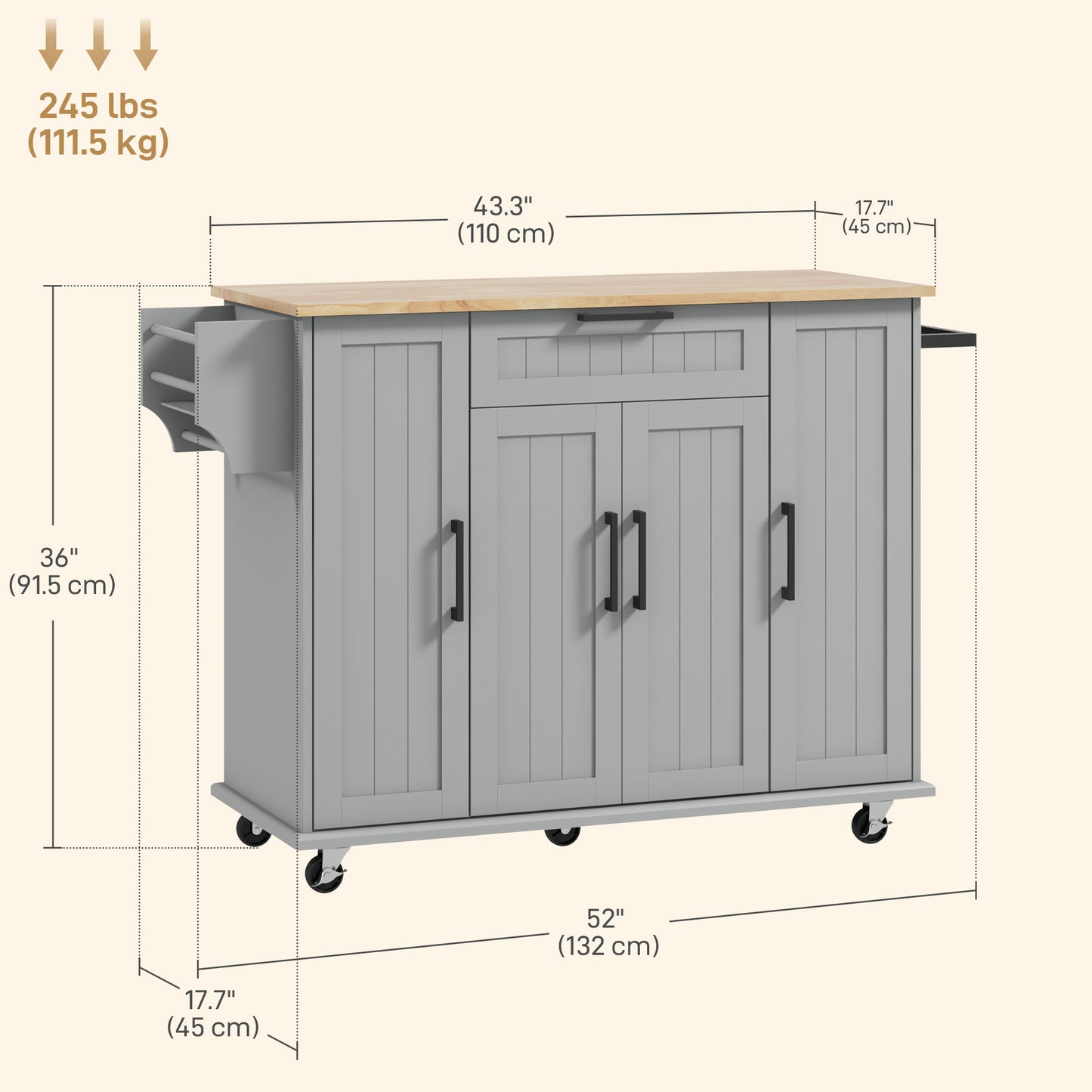 HOMCOM Modern Rolling Kitchen Island Cart with Drawers, Natural Wood Top, Towel Rack, Door Storage Cabinet, White