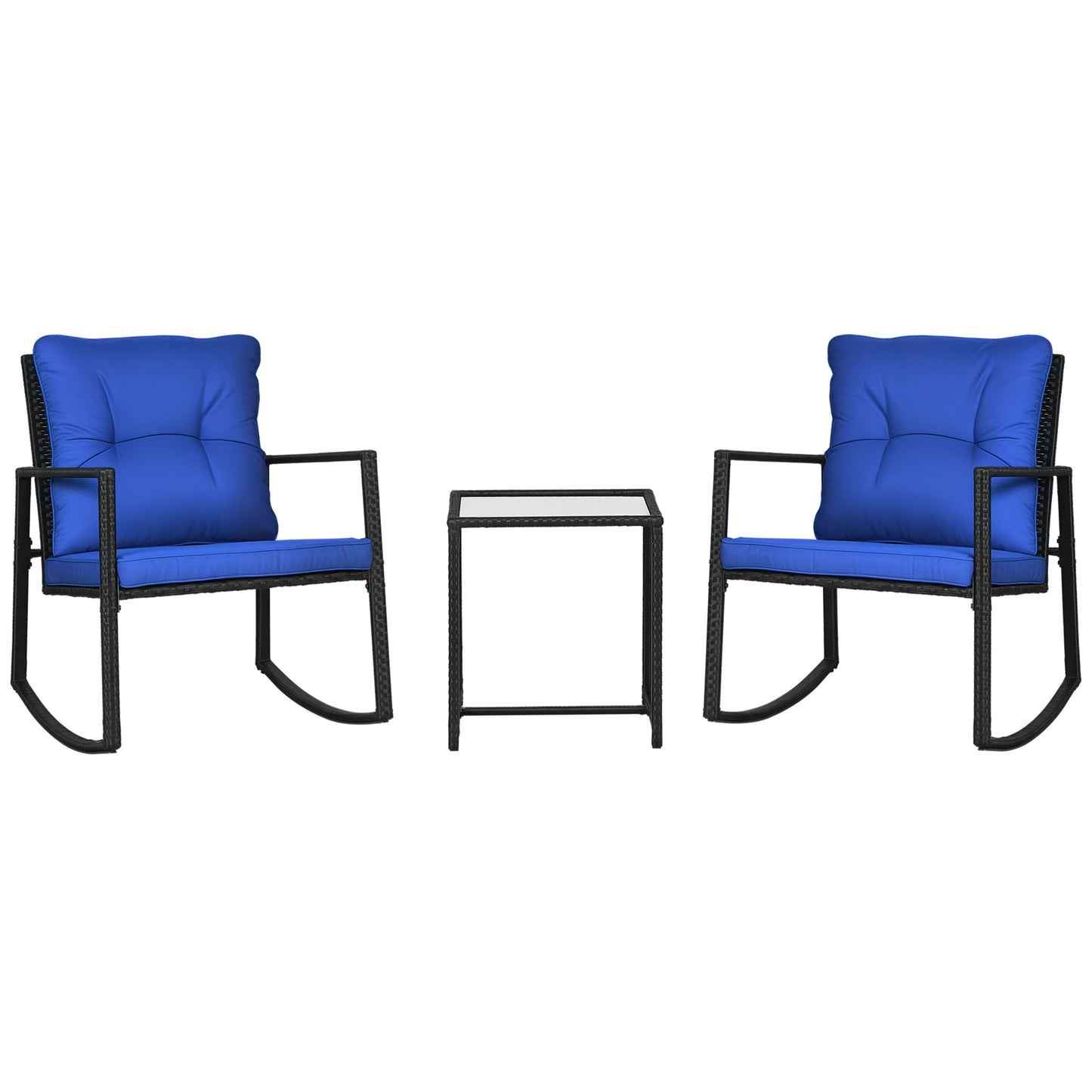 Outsunny 3 Pieces Rocking Bistro Set, Outdoor Wicker Patio Furniture with Glass Coffee Table and Outside Rocking Chairs for Porch, Conversation Sets with Thick Cushions, Blue