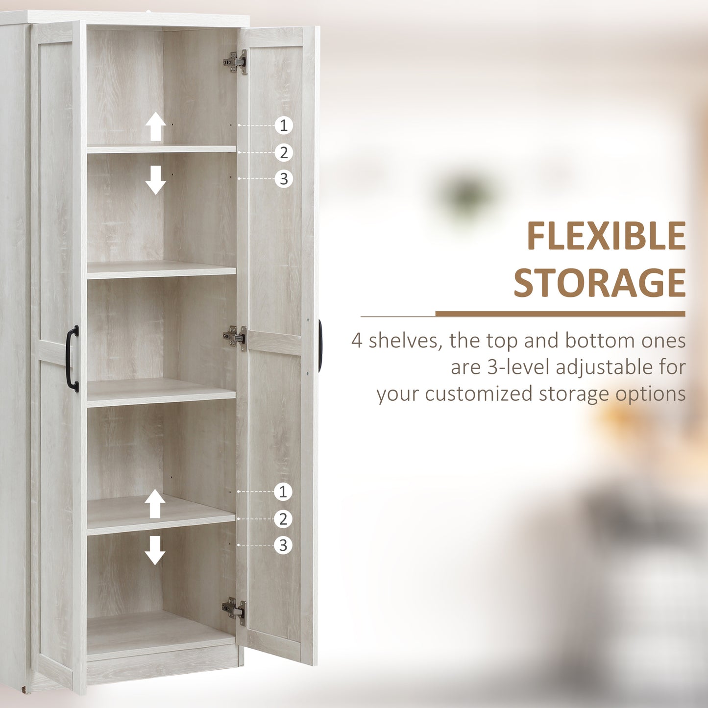 HOMCOM 63" Kitchen Storage Cabinet, 5-tier Pantry Cabinet with Doors and Adjustable Shelves for Dining Room, Distressed White