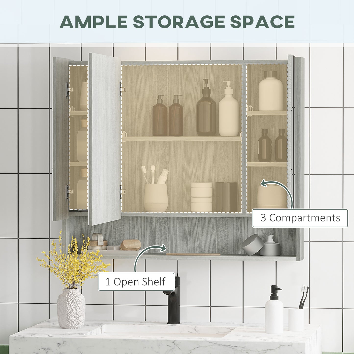 kleankin Wall Mounted Bathroom Medicine Cabinet with Mirror and Adjustable Shelves, Grey