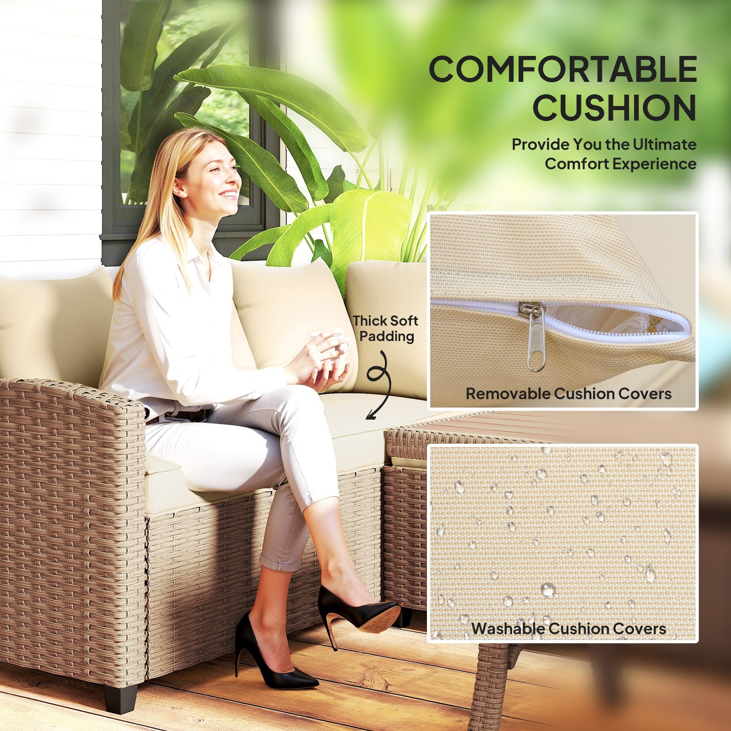 Outsunny 6 Pieces Patio Furniture Set, Outdoor Wicker Sofa Set, All Weather PE Rattan Conversation Furniture, with Strip Wood Grain Plastic Coffee Table & Cushions, Khaki