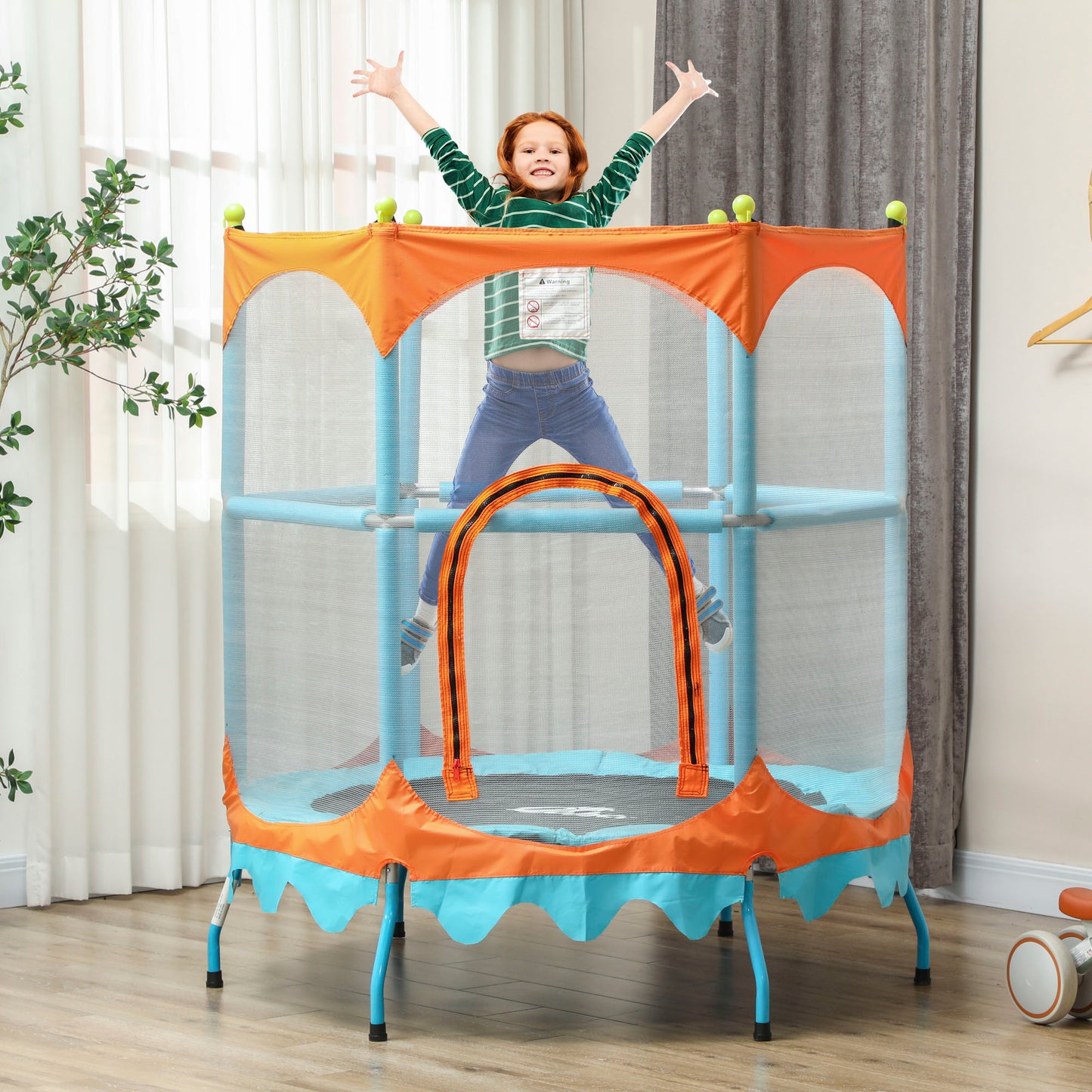 Qaba Trampoline for Kids, 4.6FT Mini Toddler Trampoline Indoor Outdoor with Handlebar, Safety Enclosure Net, Blue