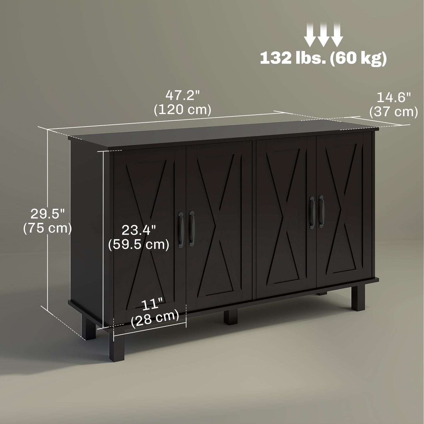 HOMCOM Kitchen Sideboard Cabinet with 4 Barn Doors and 2 Adjustable Shelves, Buffet Table for Living Room, Hallway, Black