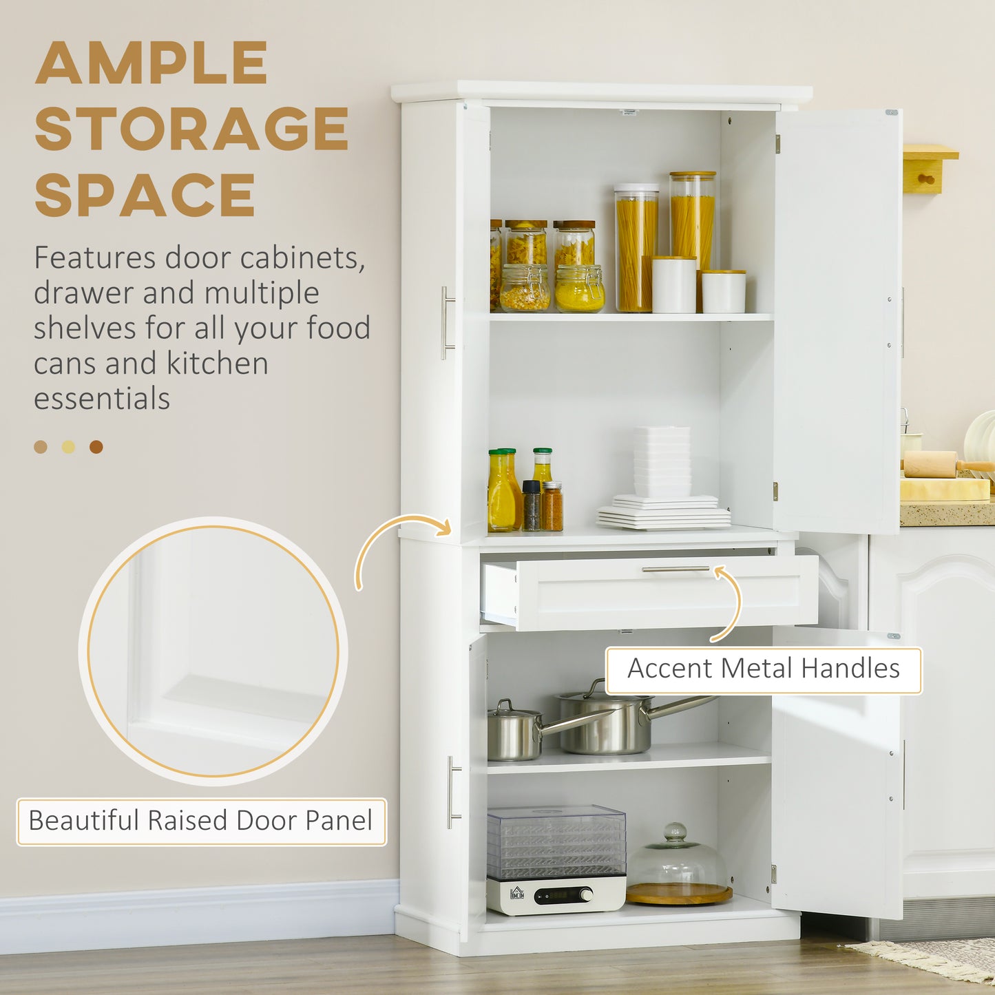 HOMCOM 72" Kitchen Pantry Cabinet, Freestanding Storage Cabinet, 4-Door Cabinet with Drawer and Adjustable Shelves, White