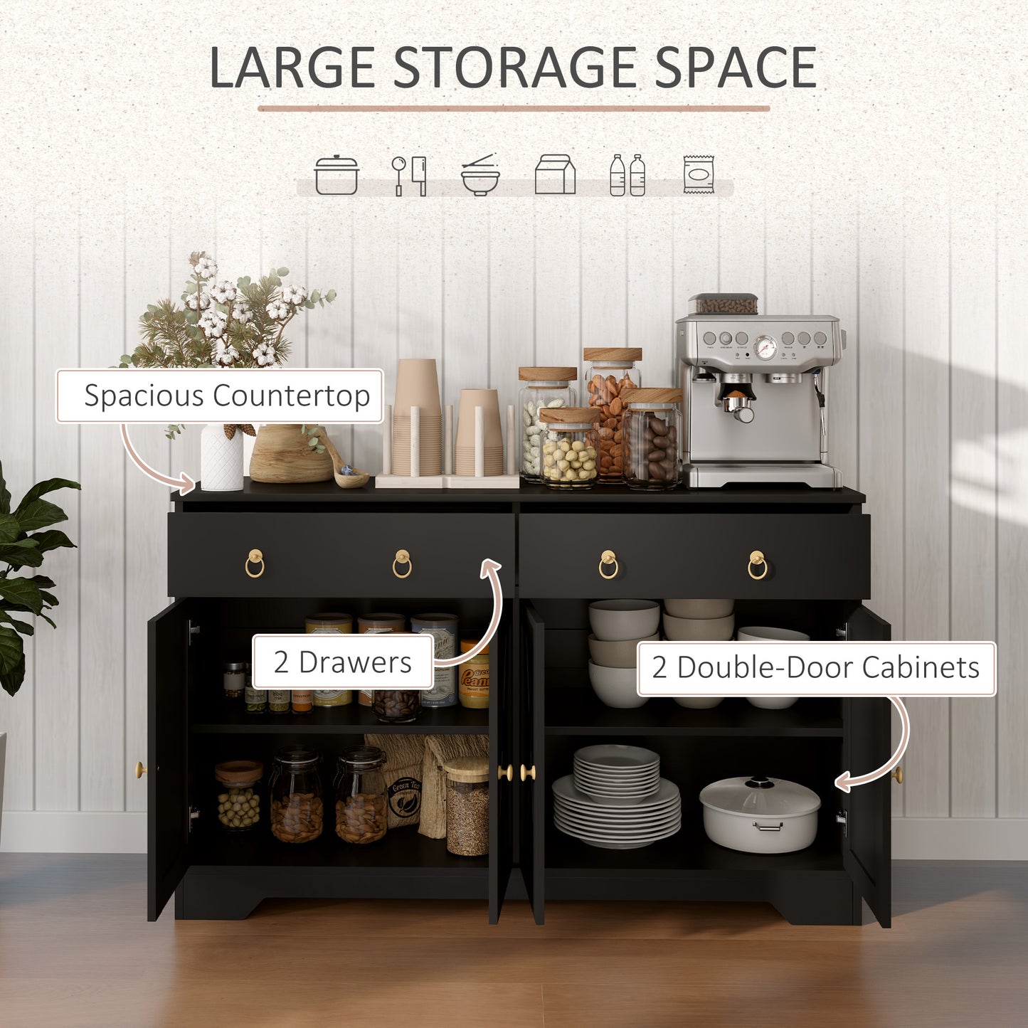 HOMCOM Sideboard Cabinet with 2 Drawers, 4 Barn Doors and 2 Adjustable Shelves, Buffet Table for Living Room, Black