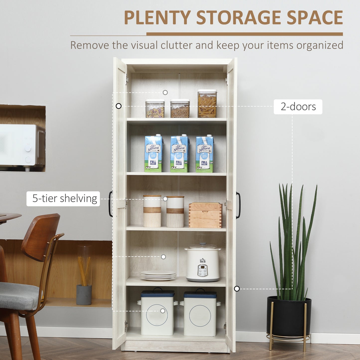 HOMCOM 63" Kitchen Storage Cabinet, 5-tier Pantry Cabinet with Doors and Adjustable Shelves for Dining Room, Distressed White