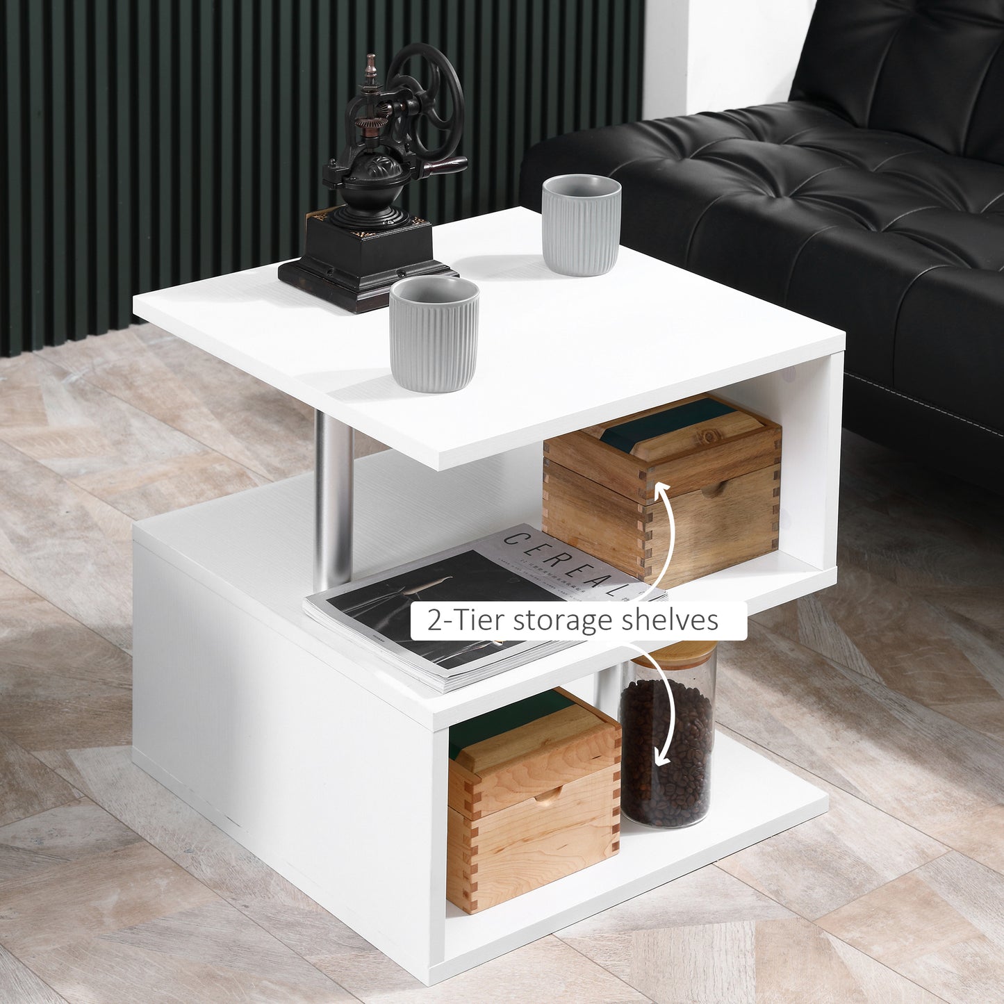 HOMCOM Wooden S Shape End Table 3 Tier Storage Shelves Organizer Living Room Side Table Desk Black