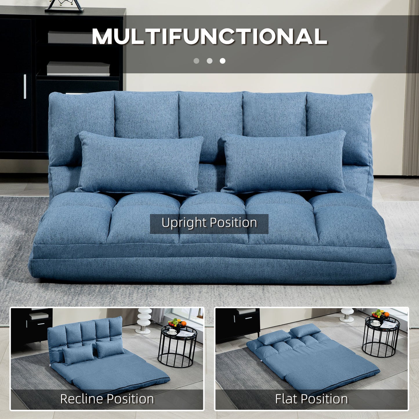 HOMCOM 51" Folding Floor Sofa, Foldable 2-Seater Lazy Sofa Sleeper Bed, Adjustable Linen Floor Couch with 9-position Backrest, 2 Pillows and Wide Seat for Living Room, Grey