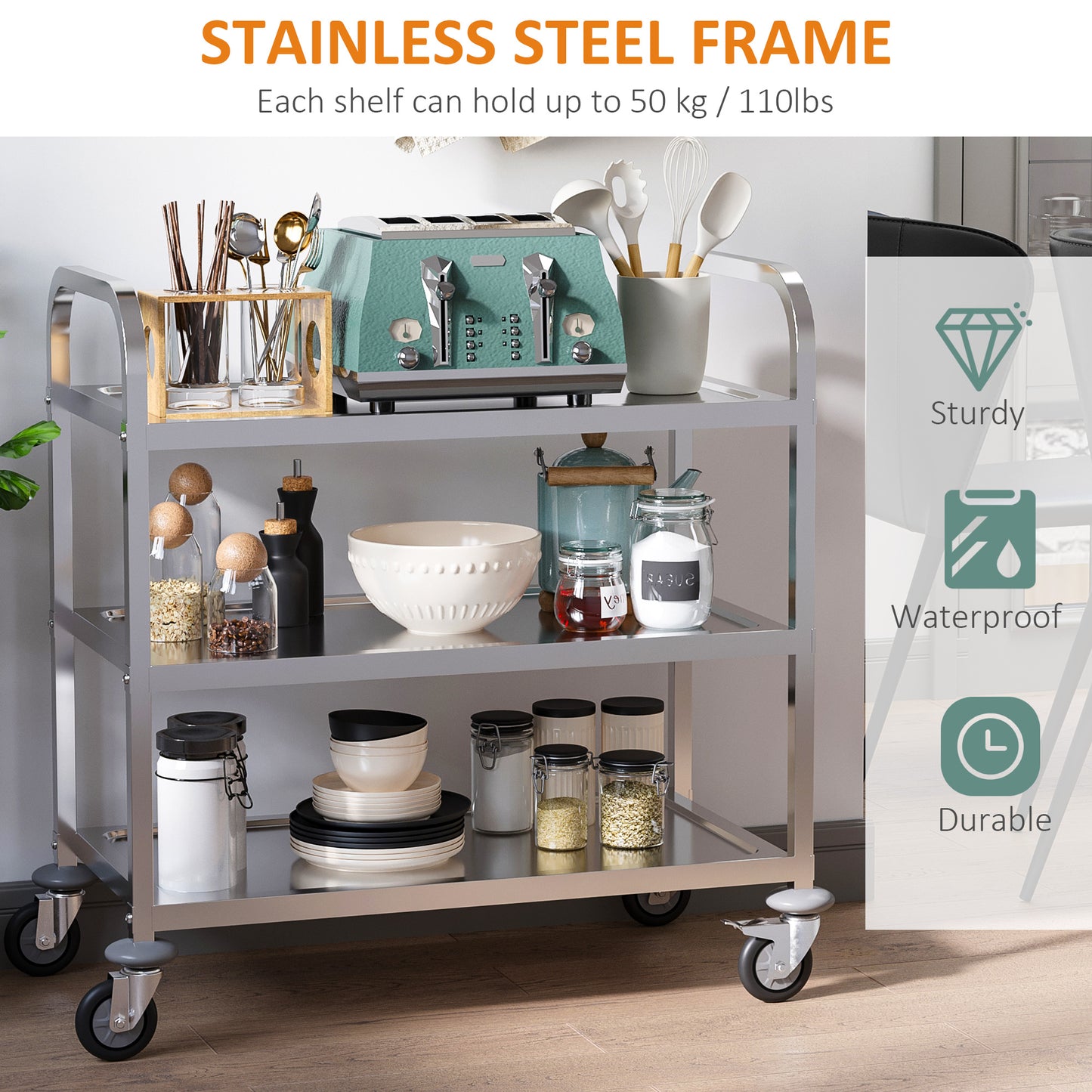 HOMCOM 33" 3-Tier Kitchen Trolley Medical Treatment Laboratory Equipment Carts, Stainless Steel Rolling Kitchen Island, Wheeled Storage Utility Serving Cart, 330LBS Heavy Gauge