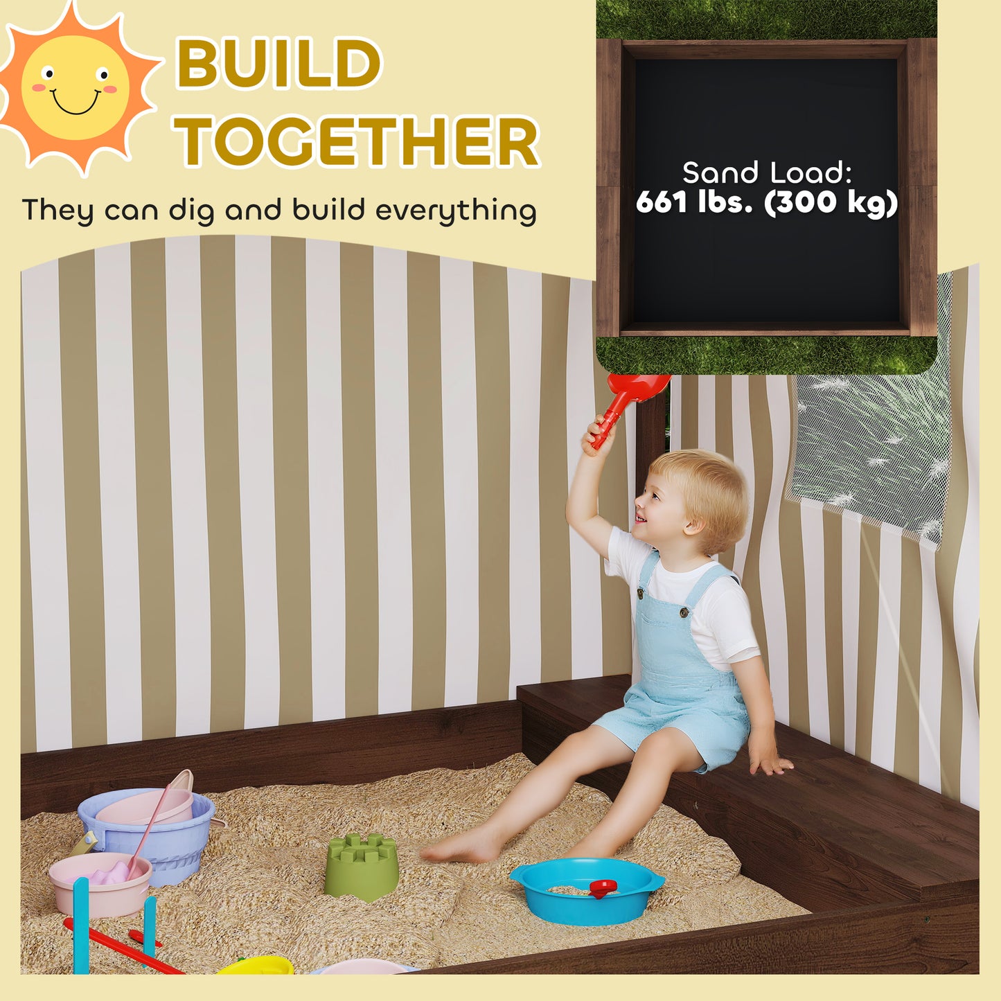 Qaba Kids Sandbox with Full Covered Canopy, Bench Seats, Bottom Liner, for Ages 3-6, 56" x 40" x 52", Brown
