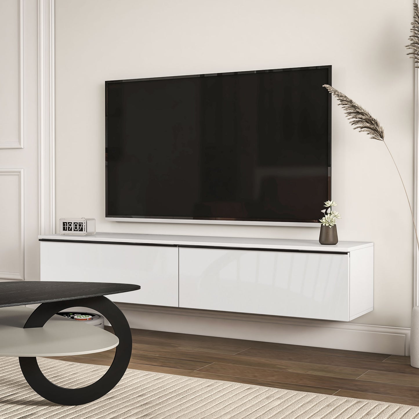 HOMCOM Wall Mounted TV Stand, Floating TV Cabinet for up to 70" TVs with Storage, High Gloss Effect, Brown and Black