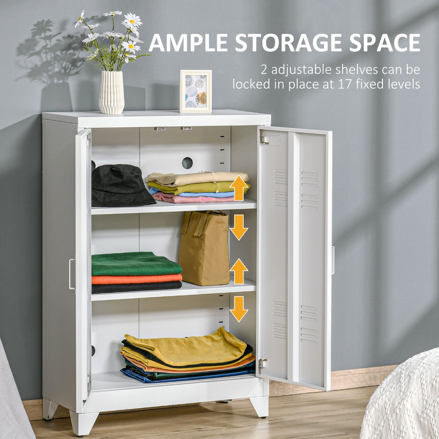 HOMCOM Metal Storage Cabinet, Industrial Sideboard Buffet Cabinet with 2 Louvered Doors, Adjustable Shelves, Grey