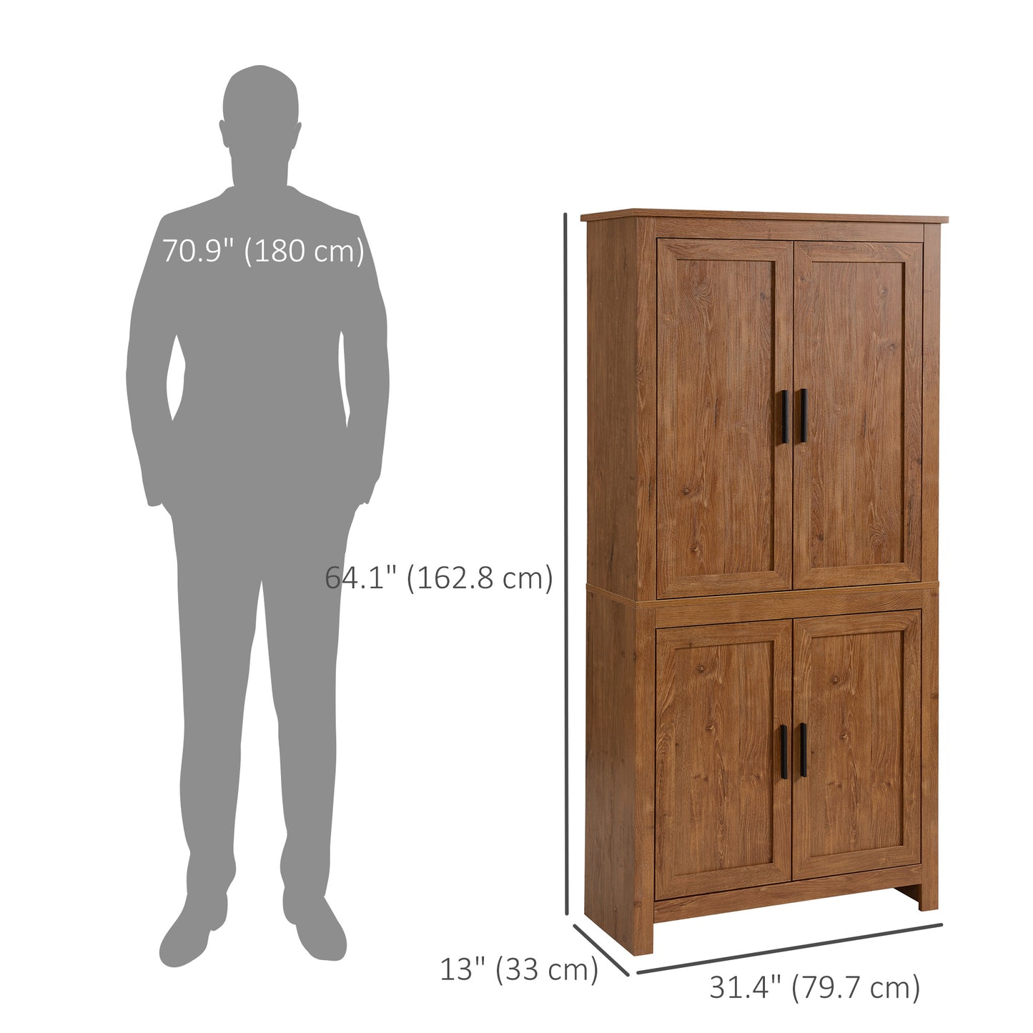 HOMCOM 64" Kitchen Pantry Cabinet, Freestanding Storage Cabinet with 4 Doors, 3 Adjustable Shelves, Oak