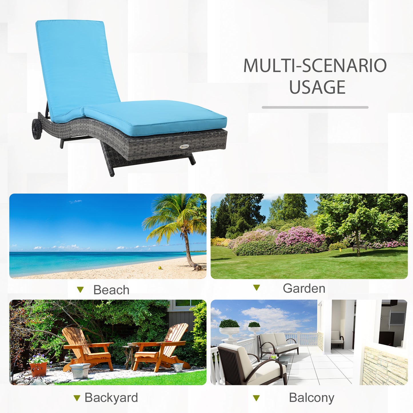 Outsunny Outdoor Adjustable Wicker Chaise Lounge Chair with Cushion & Wheels for Patio, Deck, Poolside, Sky Blue
