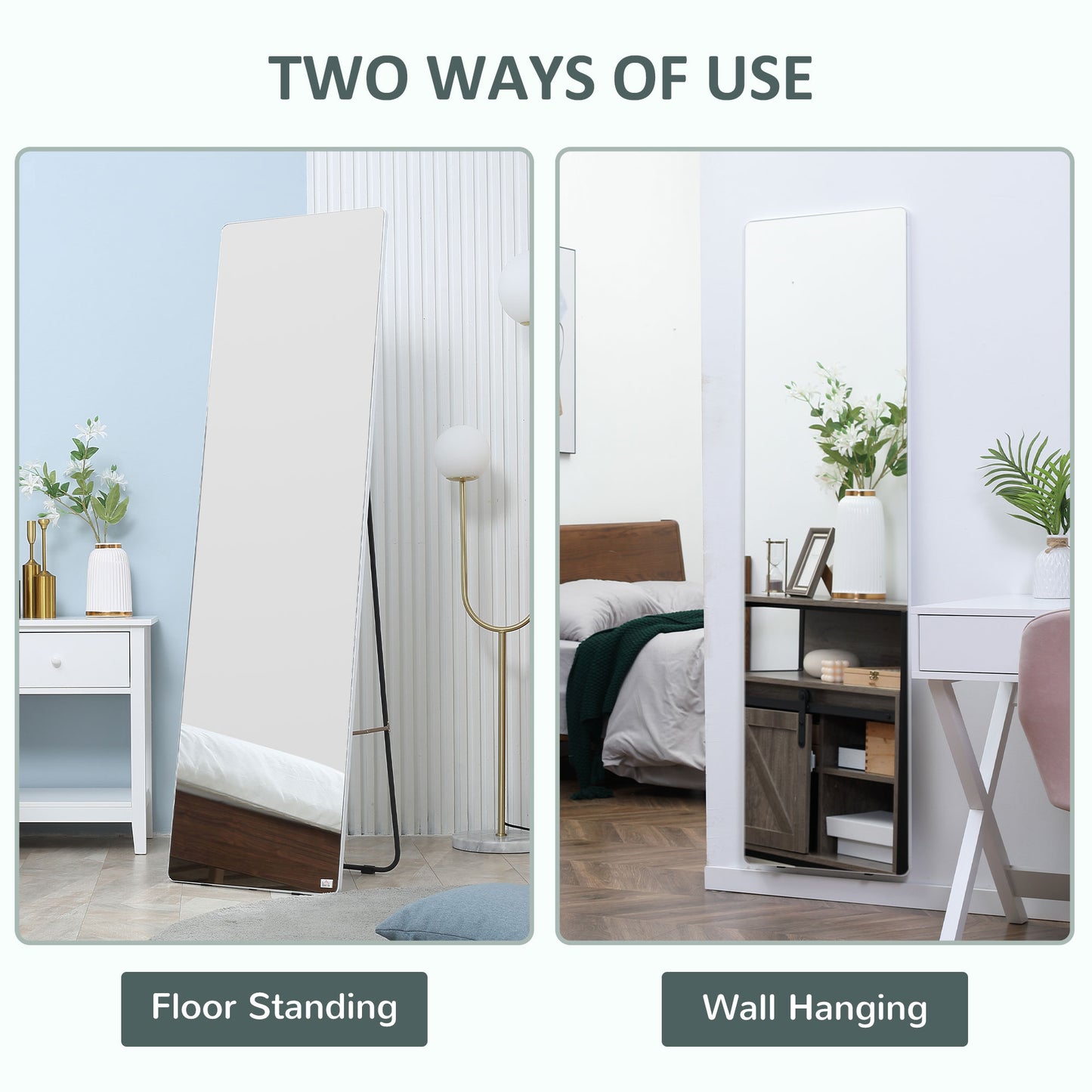 HOMCOM 63"x18" Full Length Mirror, Floor Standing, Wall-Mounted or Leaning Against Wall Tall Mirror w/Support Frame, Rectangular Full Body Mirror for Bedroom, Living Room, Silver