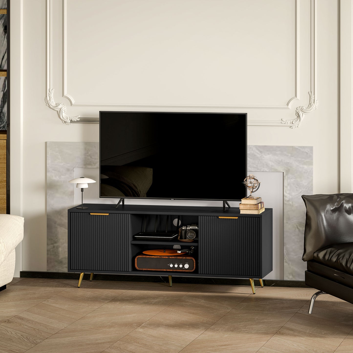 HOMCOM TV Stand with Storage for 55 Inch TV, Modern TV Cabinet with 2 Open Shelves and 2 Cabinets for Living Room, White