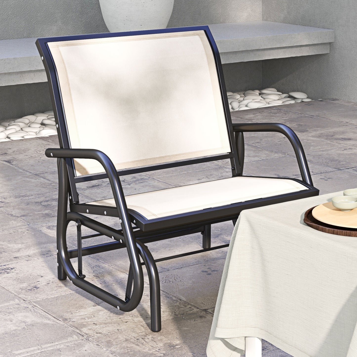 Outsunny Patio Glider with Breathable Mesh Fabric Seat & Backrest, Metal Frame Outdoor Glider Swing Chair with Armrests, Cream