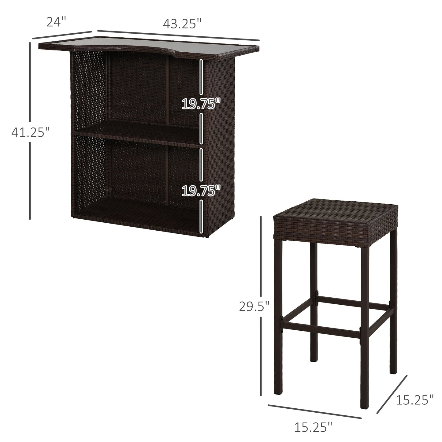 Outsunny 5 Pieces Patio Bar Set, Outdoor PE Rattan Wicker High Top Outdoor Table and Chairs Outdoor Bar Set with Tempered Glass Top Bar Table and Shelves, 4 Bar Chairs, Dark Brown